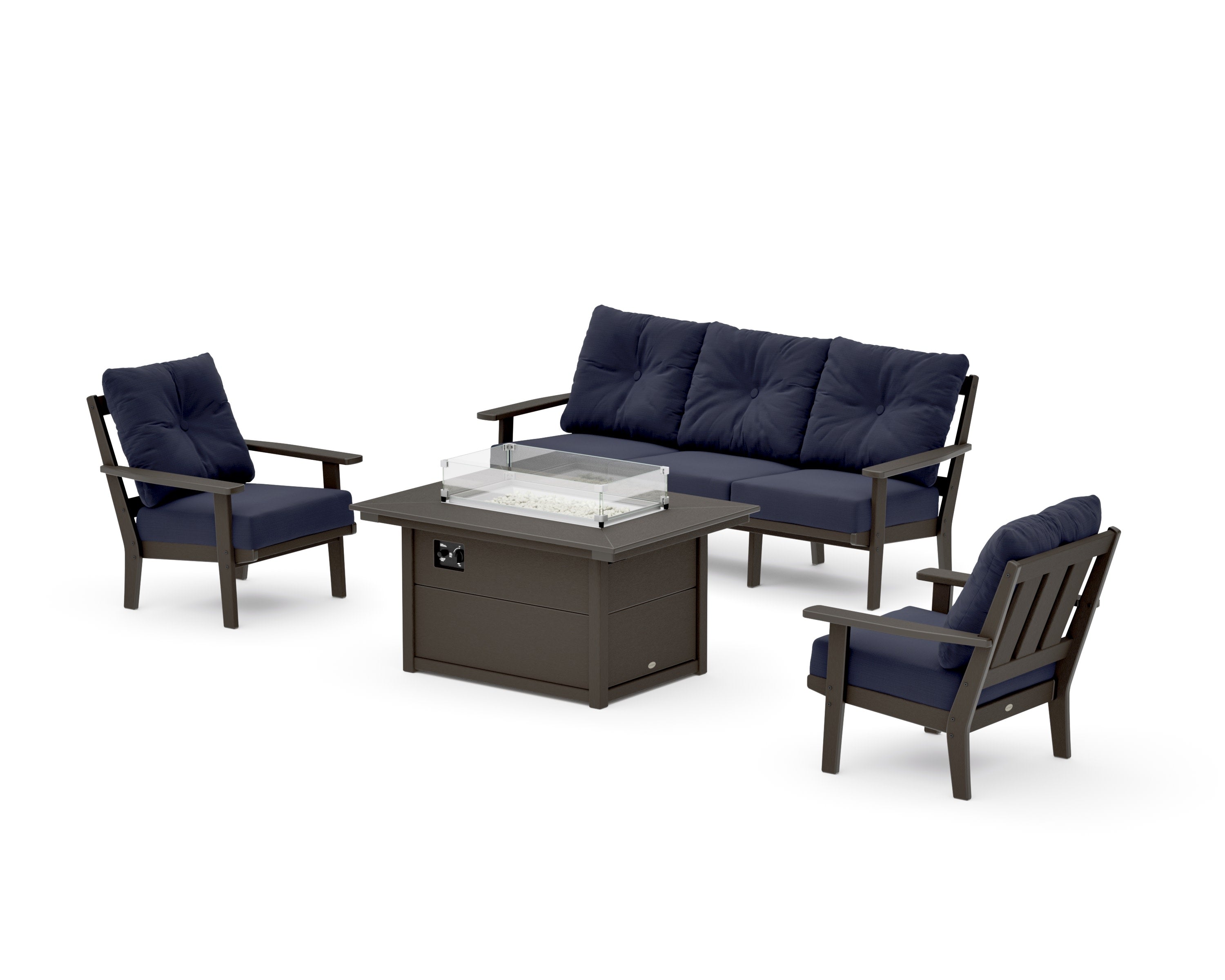 Oxford Deep Seating Fire Pit Table Set in Vintage Coffee / Navy Linen
