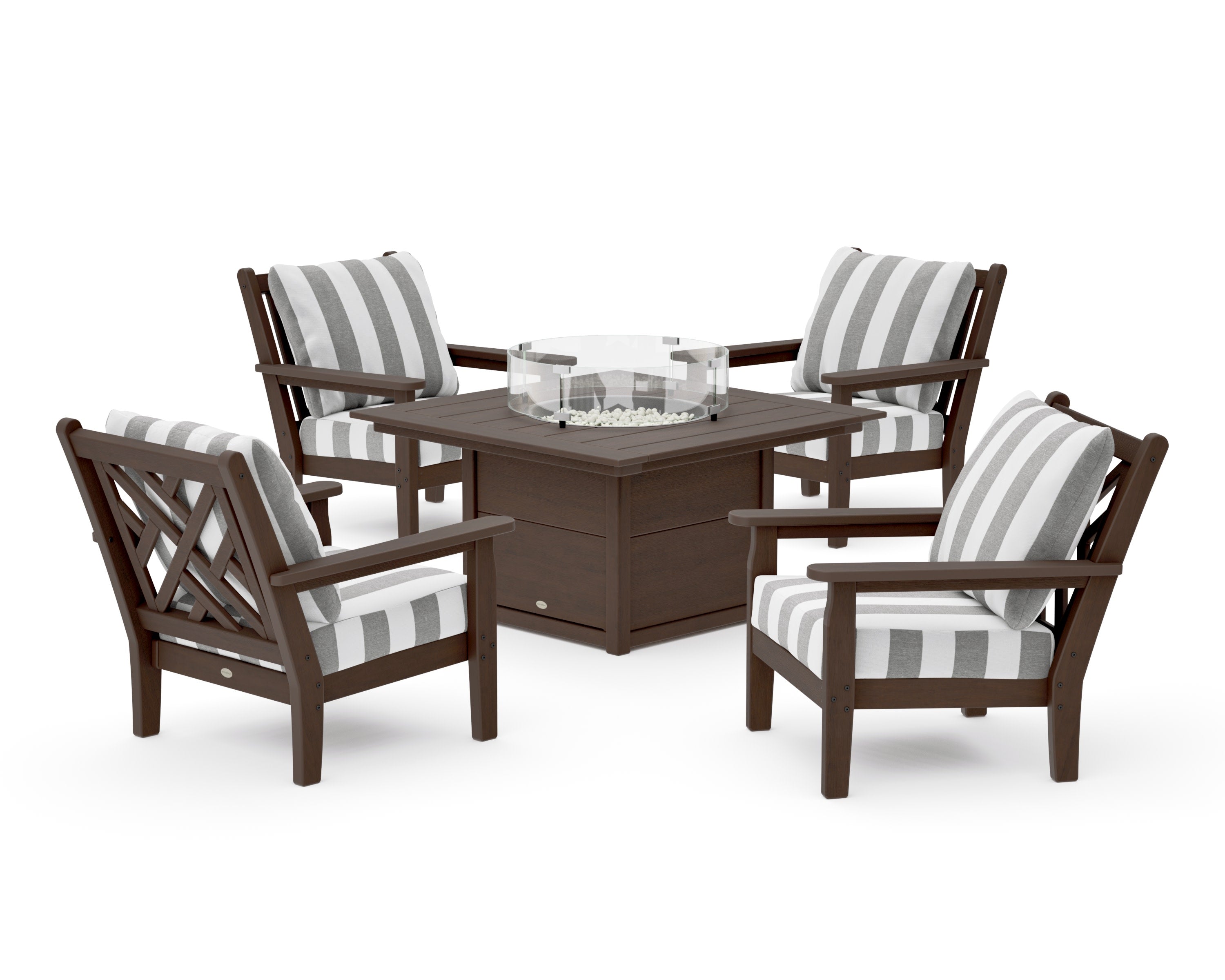 Chippendale 5-Piece Deep Seating Set with Fire Pit Table in Kona / Cabana Stripe Grey Mist