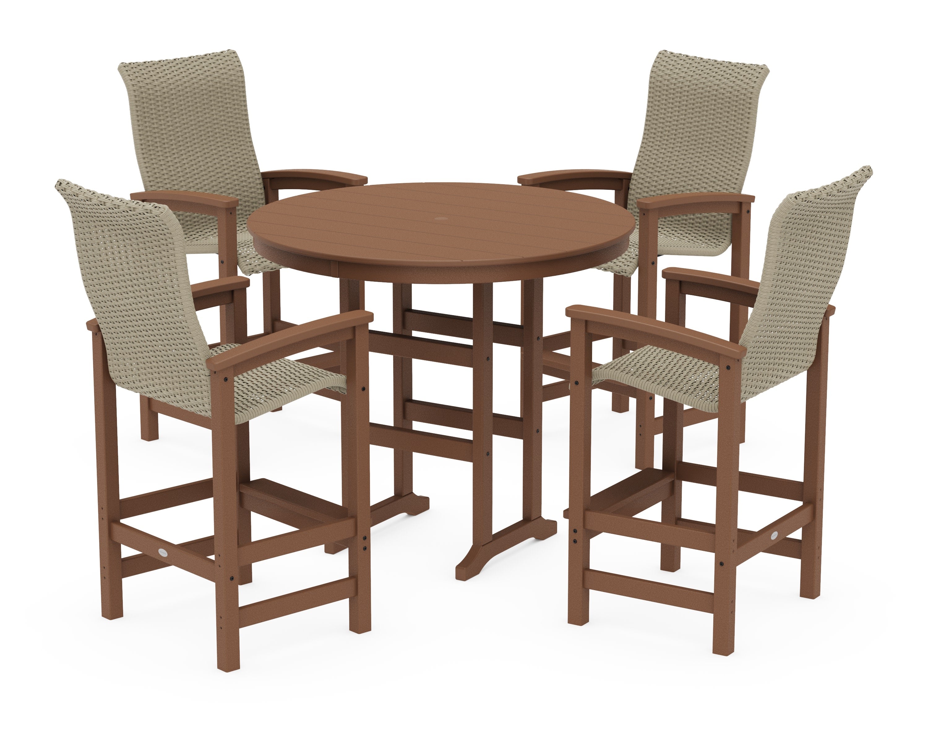 Coastal Woven High-Back 5-Piece Round Farmhouse Bar Set in Teak / Dune Grass