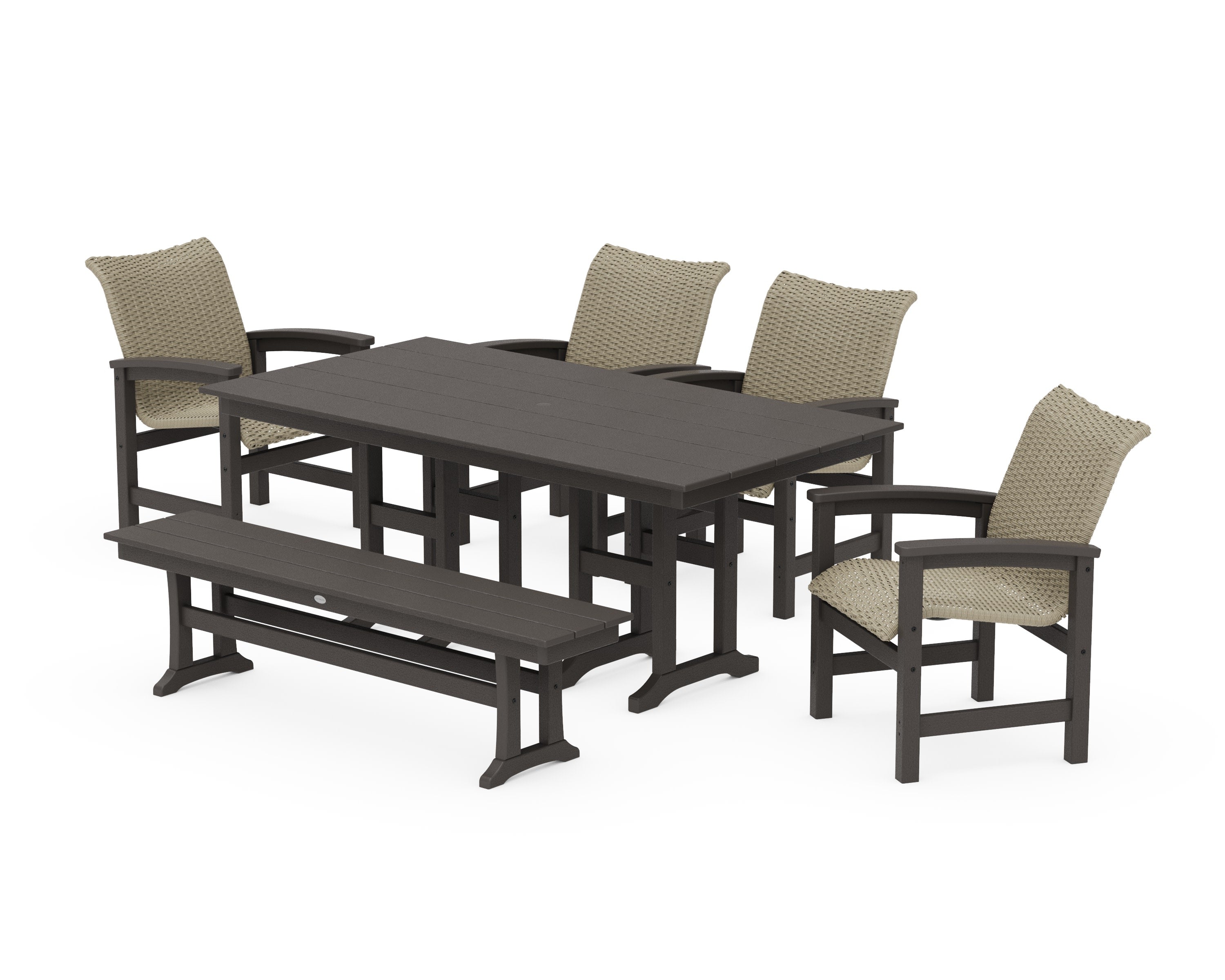 Coastal Woven 6-Piece Farmhouse Dining Set with Bench in Vintage Coffee / Dune Grass