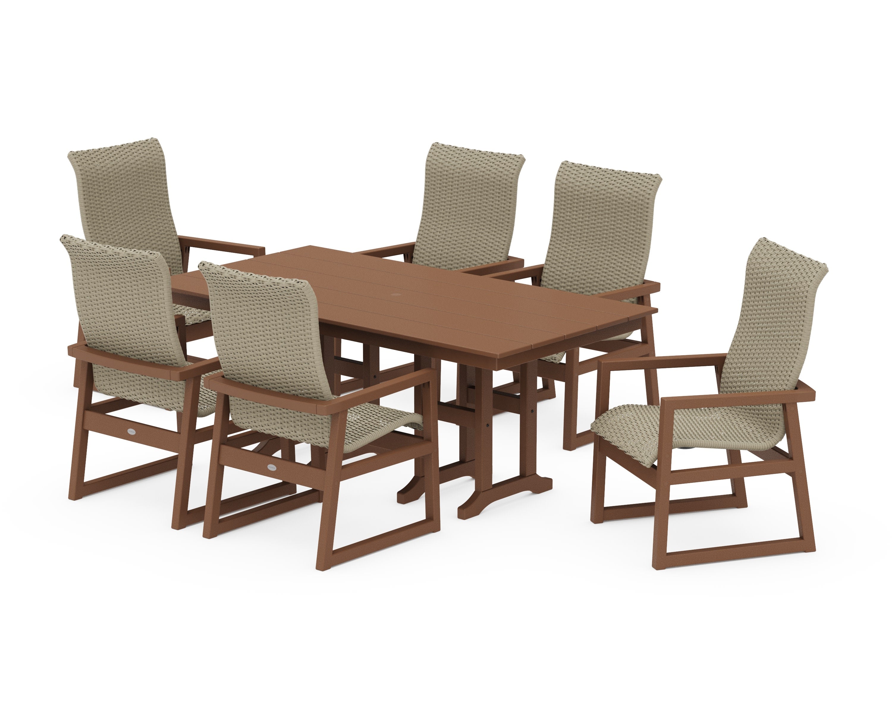 EDGE Woven Highback Arm Chair 7-Piece Farmhouse Dining Set in Teak / Dune Grass