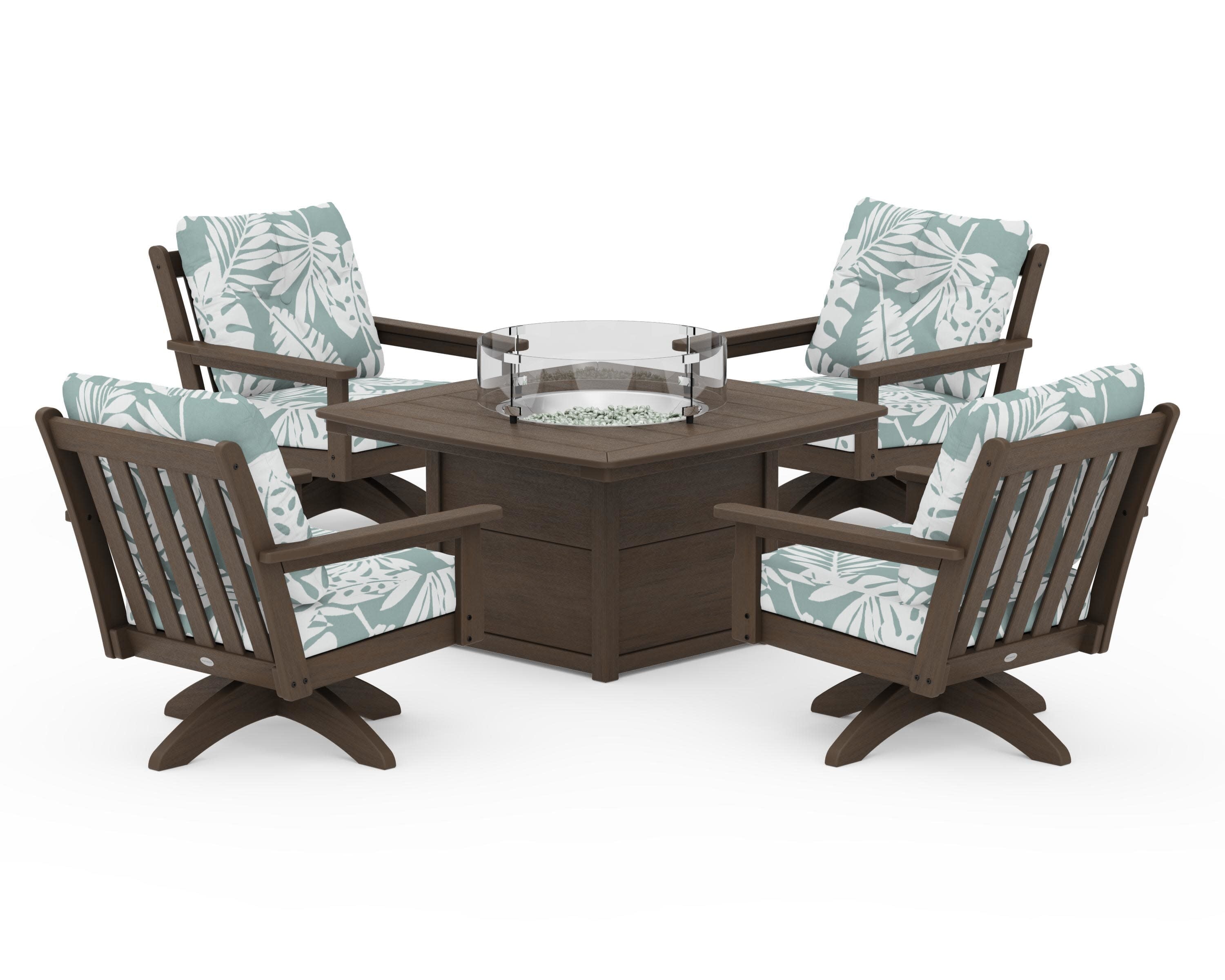 Vineyard 5-Piece Deep Seating Swivel Conversation Set with Fire Pit Table in Kona / Leaf Glacier Spa