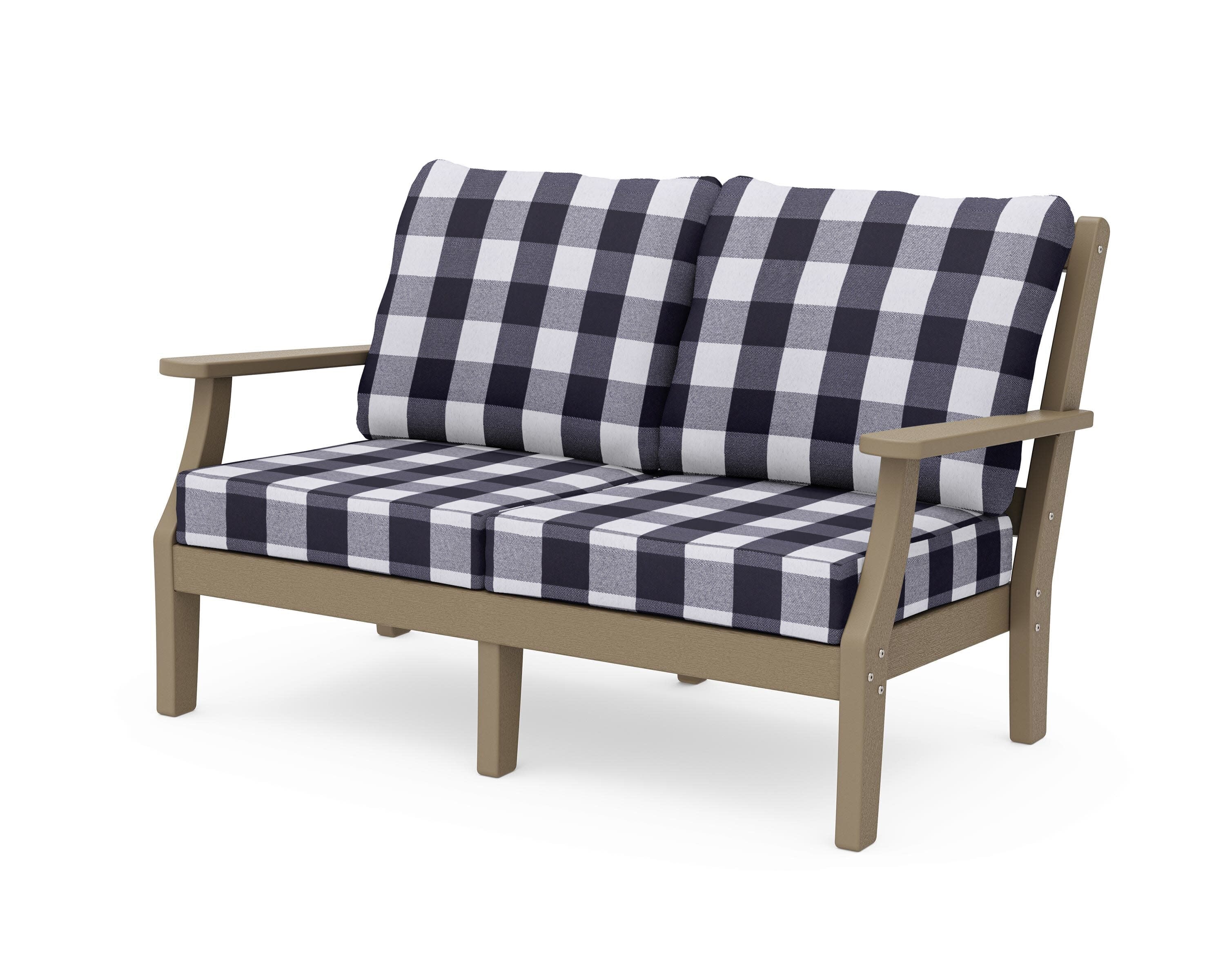 Chinoiserie Deep Seating Loveseat in Vintage Sahara / Buffalo Plaid Navy