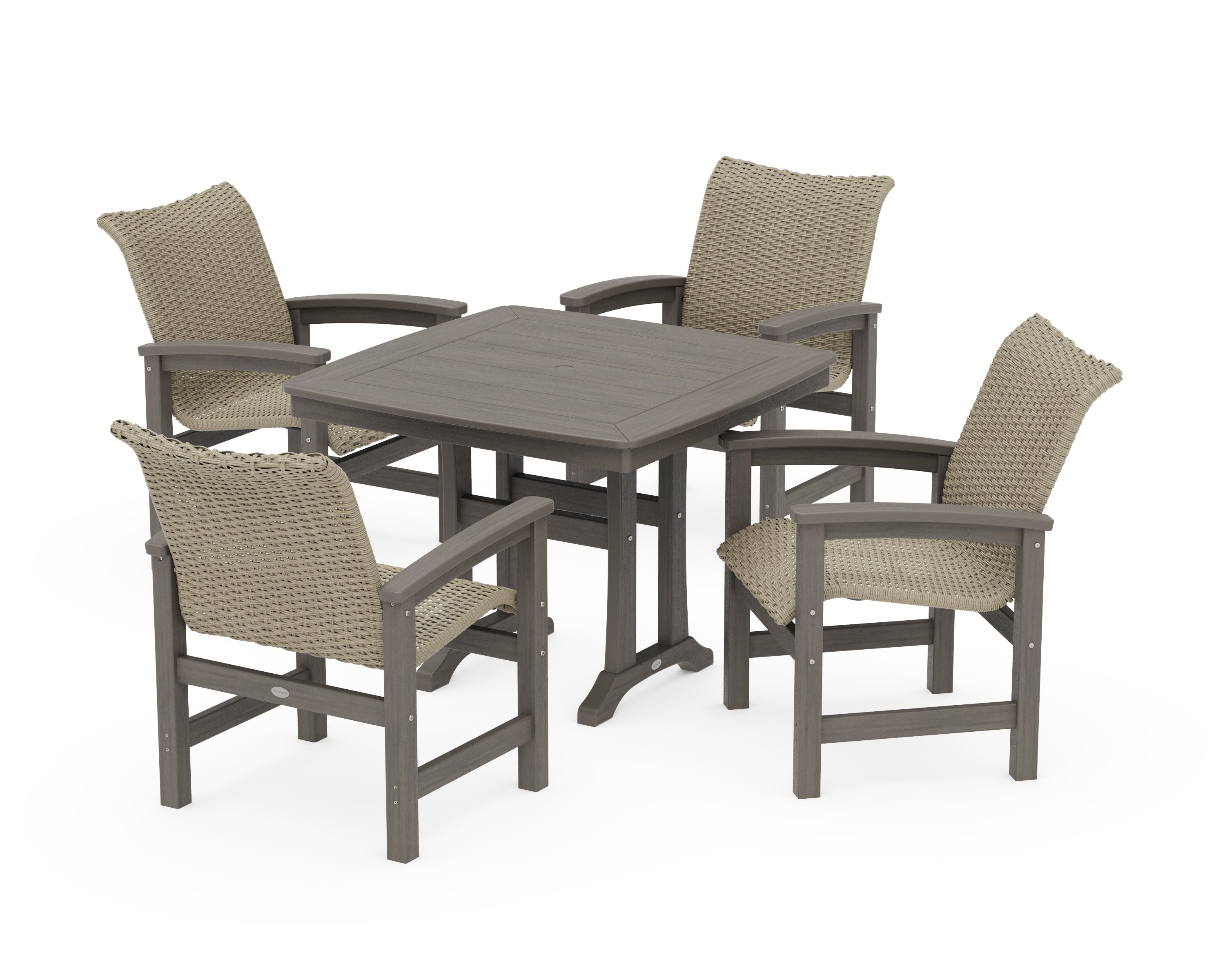 Coastal Woven 5-Piece Dining Set with Trestle Legs in Driftwood / Dune Grass
