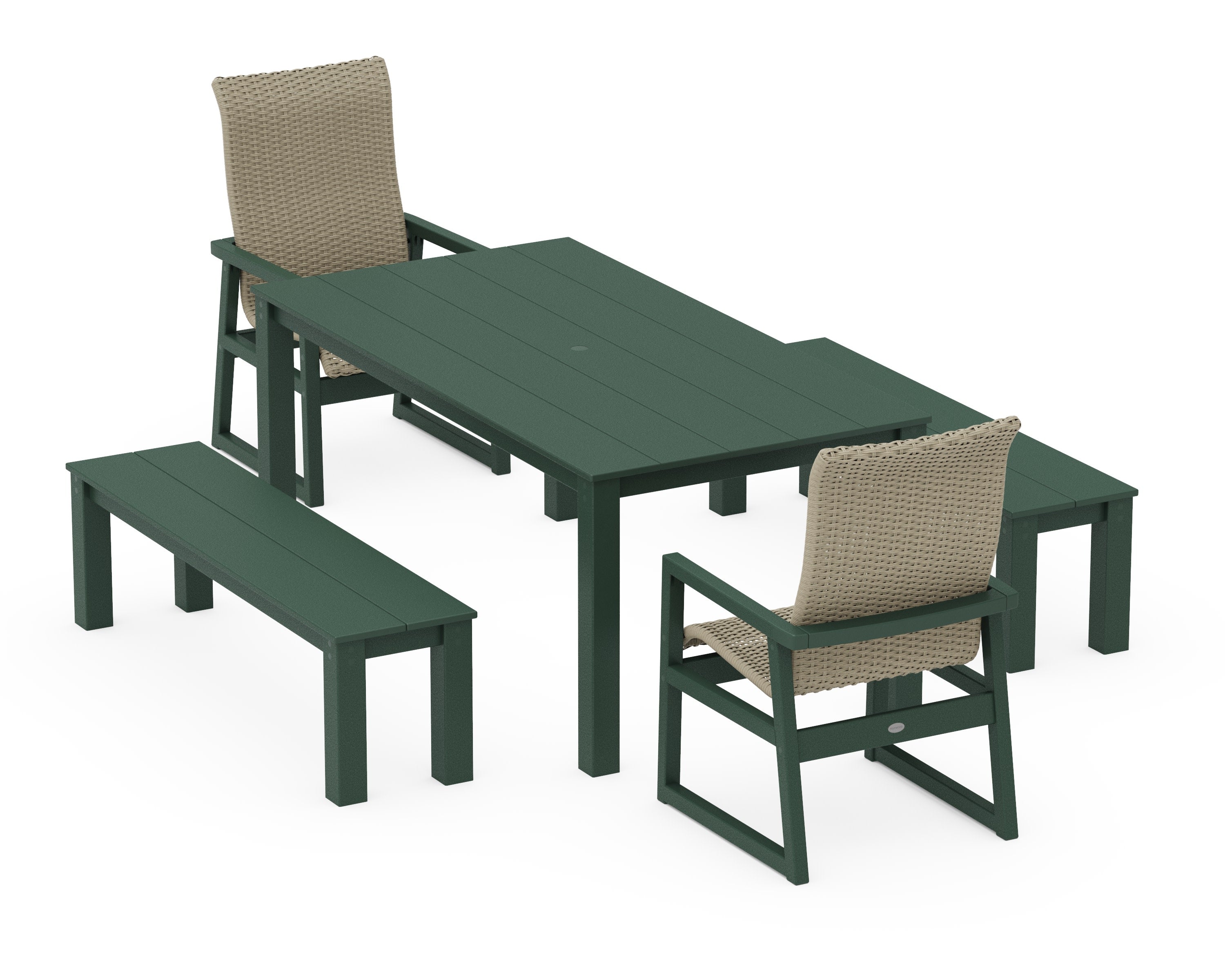 EDGE Woven Highback 5-Piece Parsons Dining Set with Benches in Green / Dune Grass