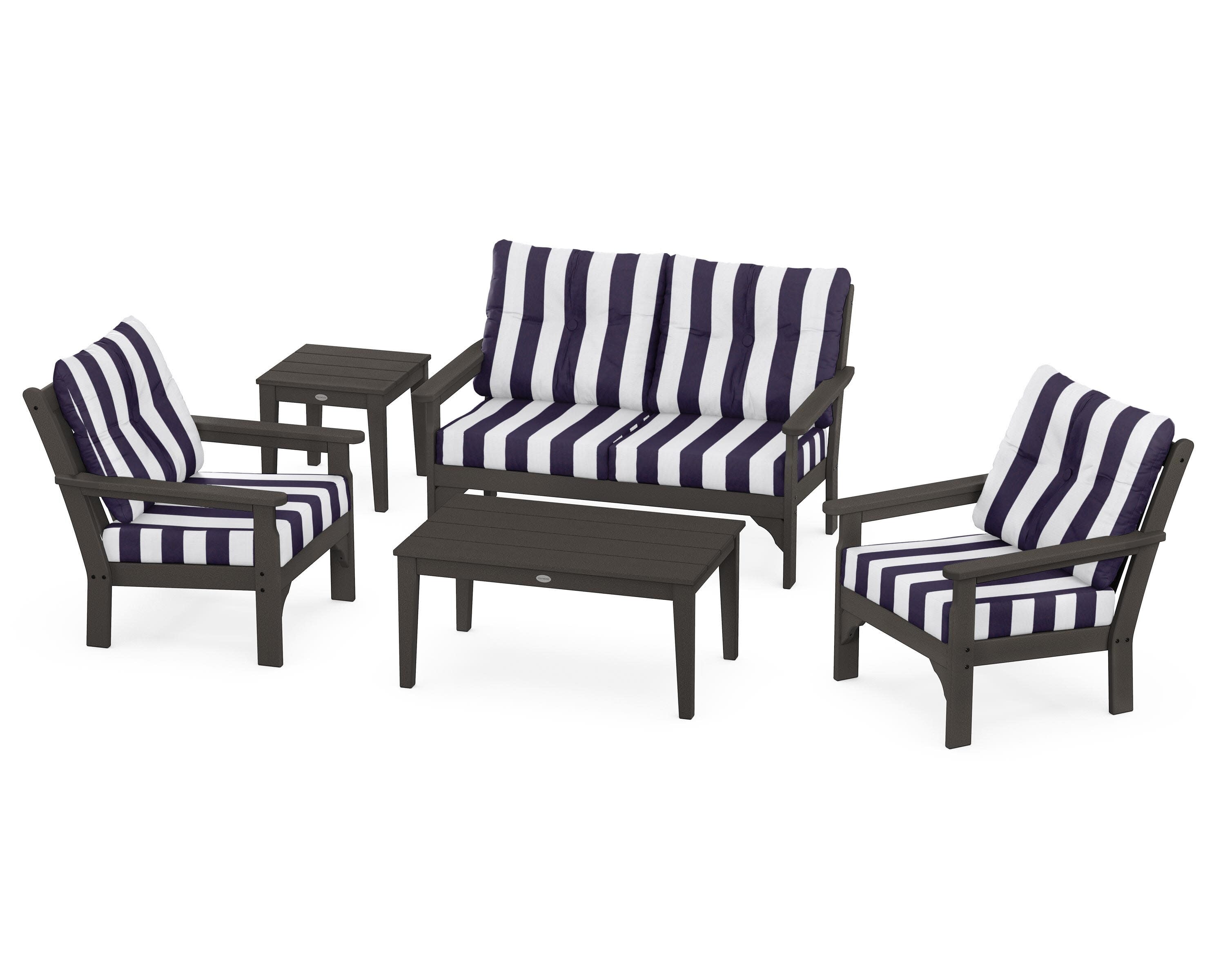 Vineyard 5-Piece Deep Seating Set in Vintage Coffee / Cabana Stripe Navy
