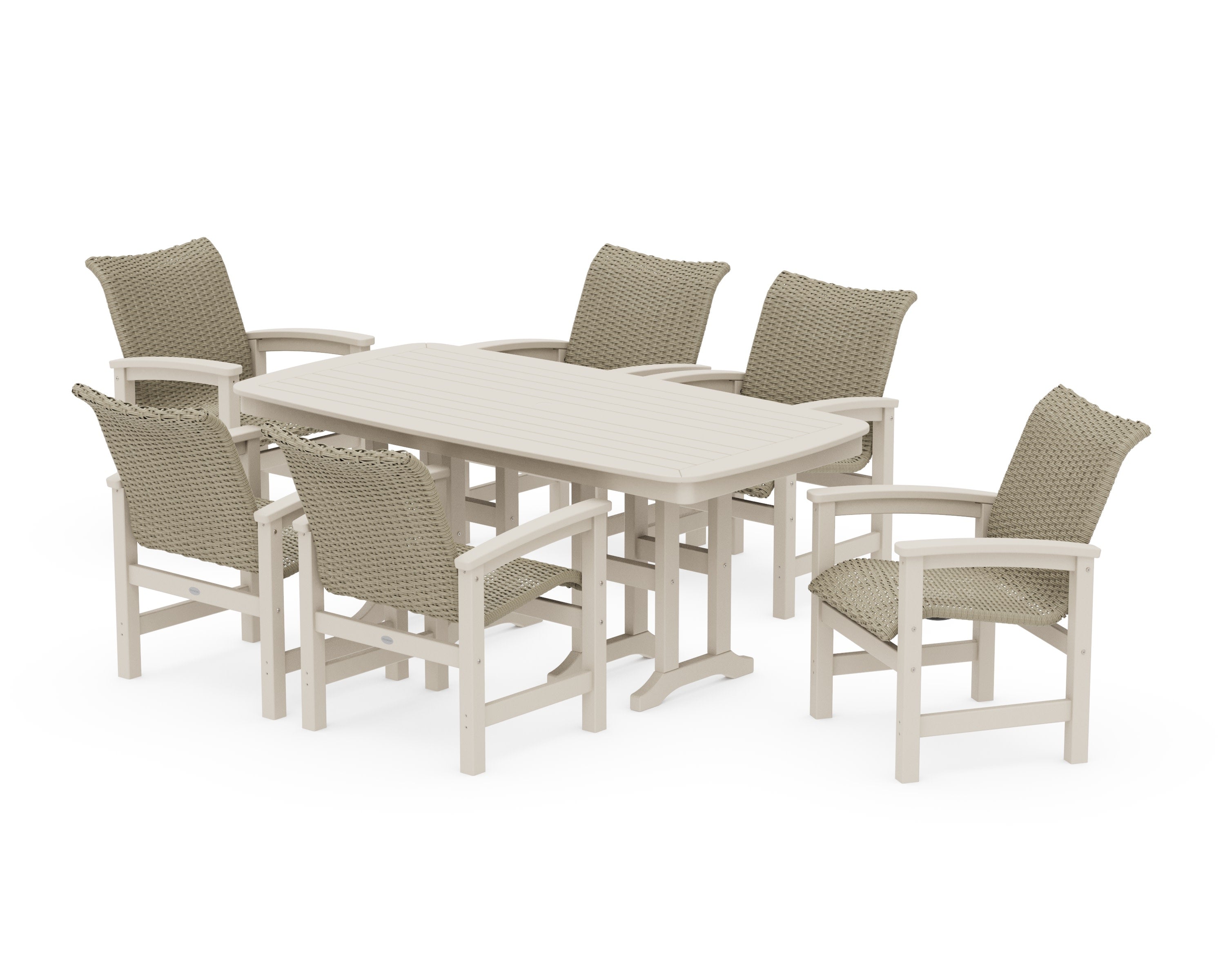 Coastal Woven Arm Chair 7-Piece Dining Set in Sand / Dune Grass