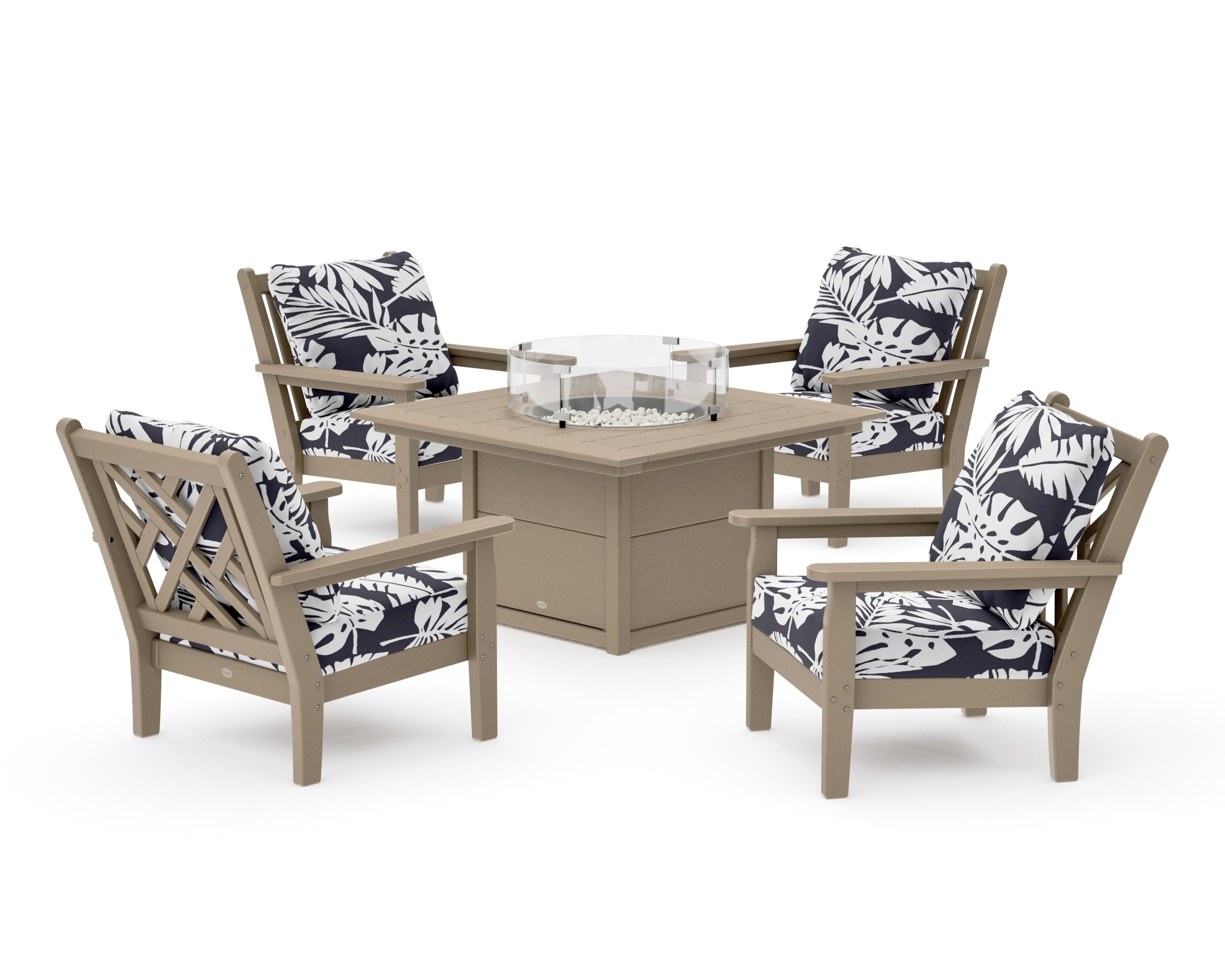 Chippendale 5-Piece Deep Seating Set with Fire Pit Table in Vintage Sahara / Leaf Navy
