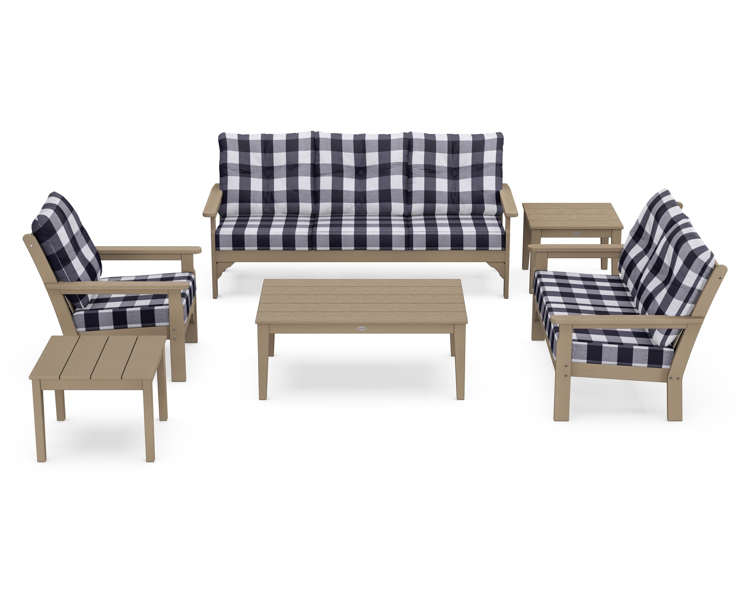Vineyard 6-Piece Deep Seating Set in Vintage Sahara / Buffalo Plaid Navy