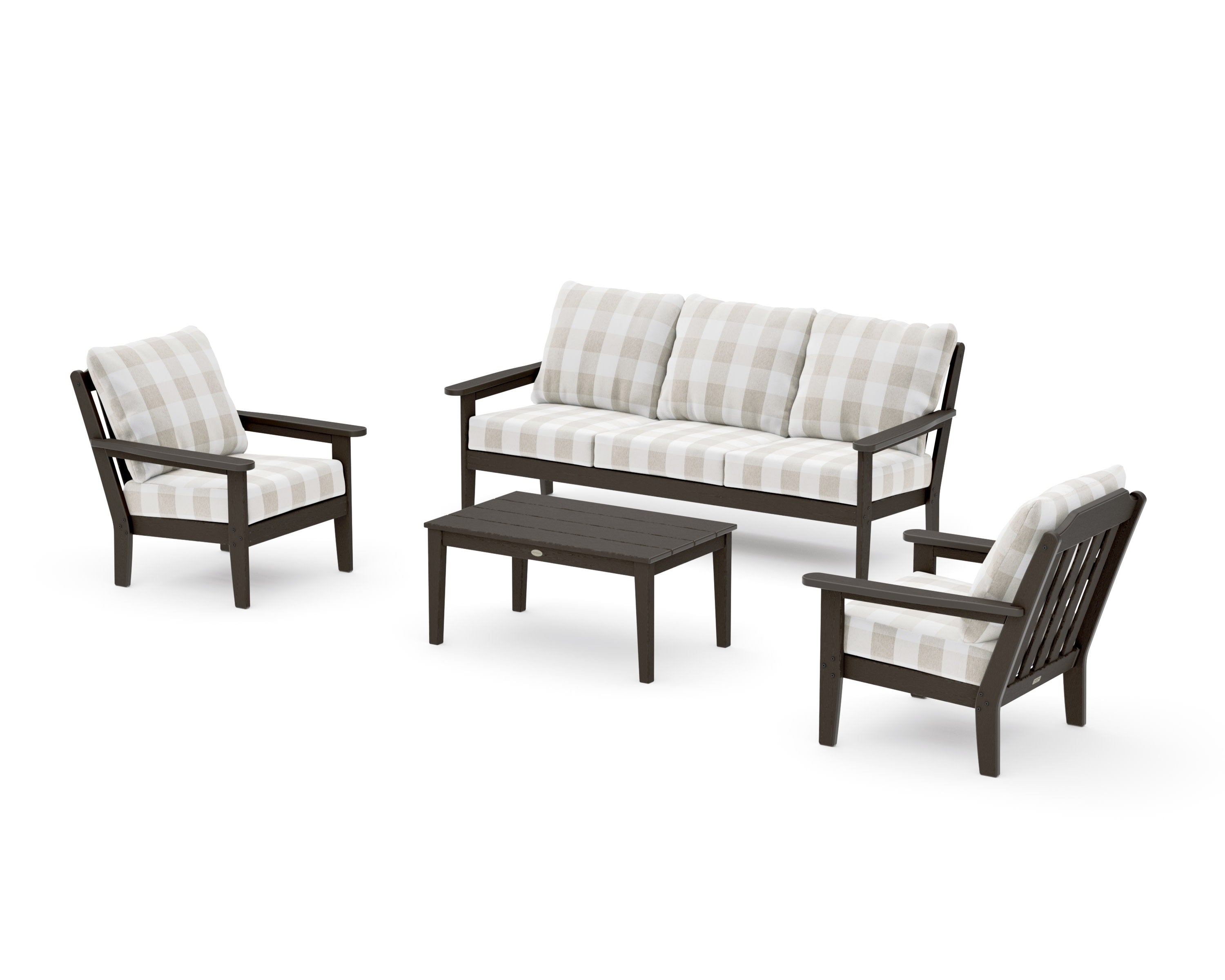 Cottage 4-Piece Deep Seating Set with Sofa in Vintage Coffee / Buffalo Plaid Dune Burlap