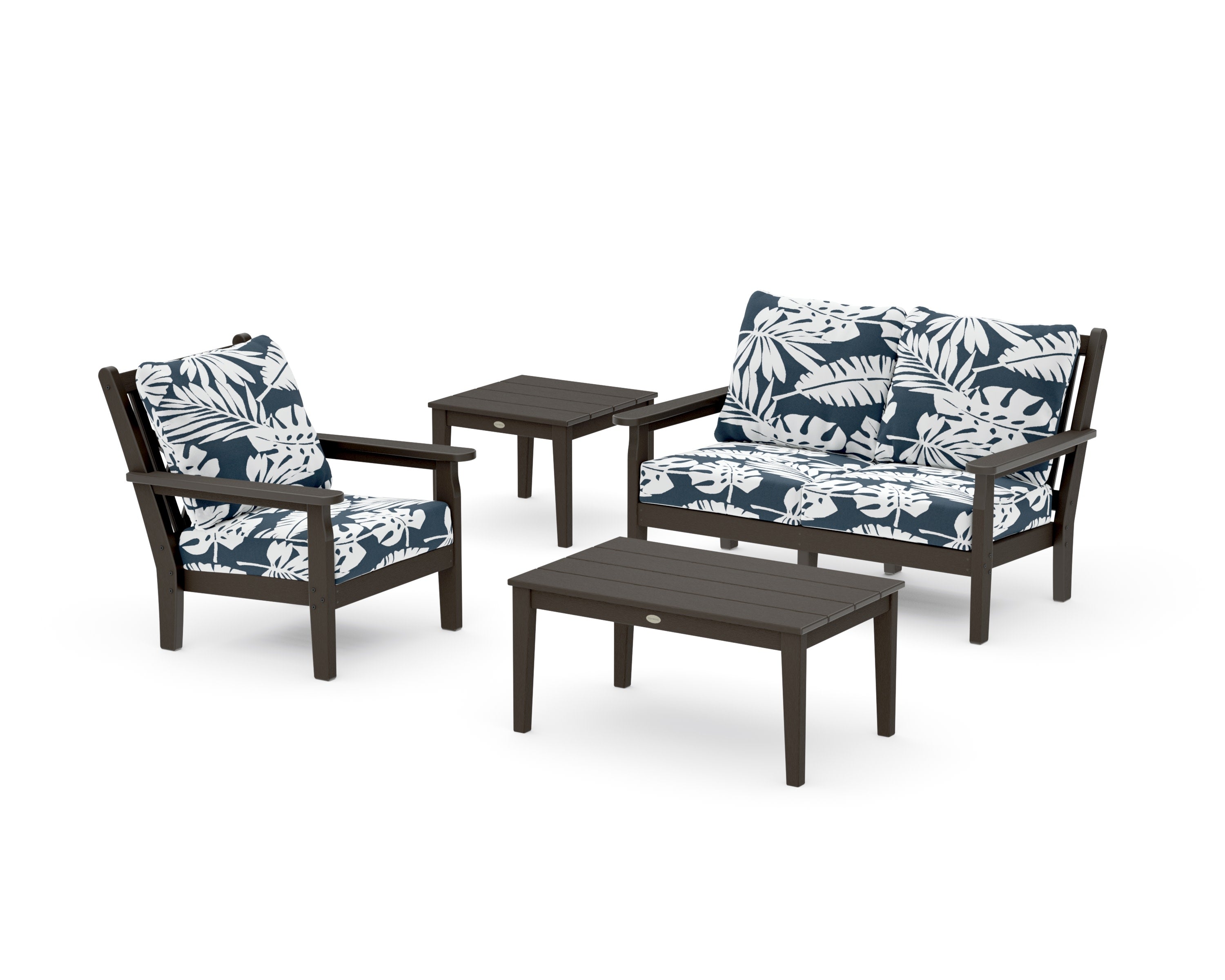 Chippendale 4-Piece Deep Seating Set in Vintage Coffee / Leaf Marine Indigo