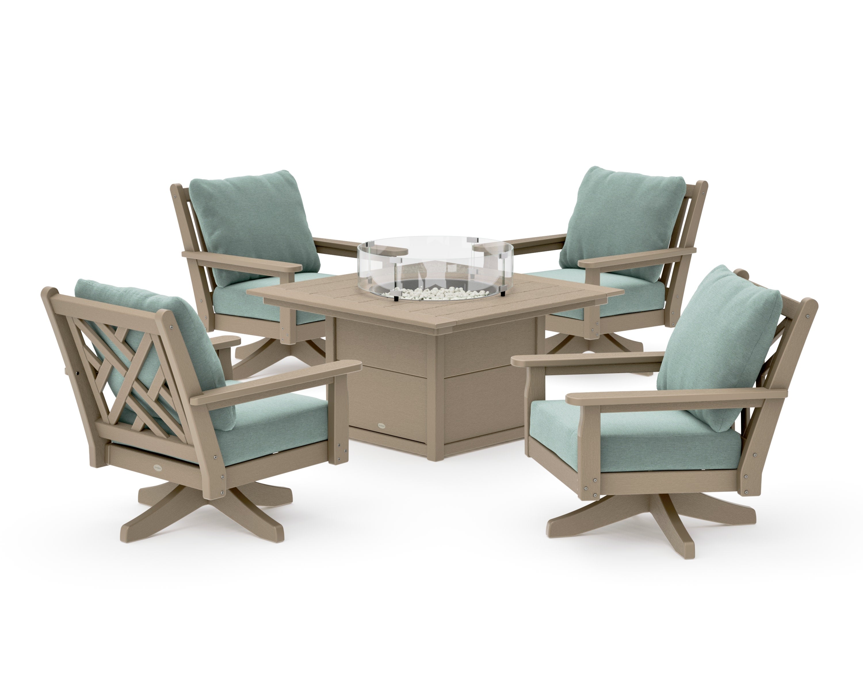 Chippendale 5-Piece Deep Seating Swivel Conversation Set with Fire Pit Table in Vintage Sahara / Glacier Spa