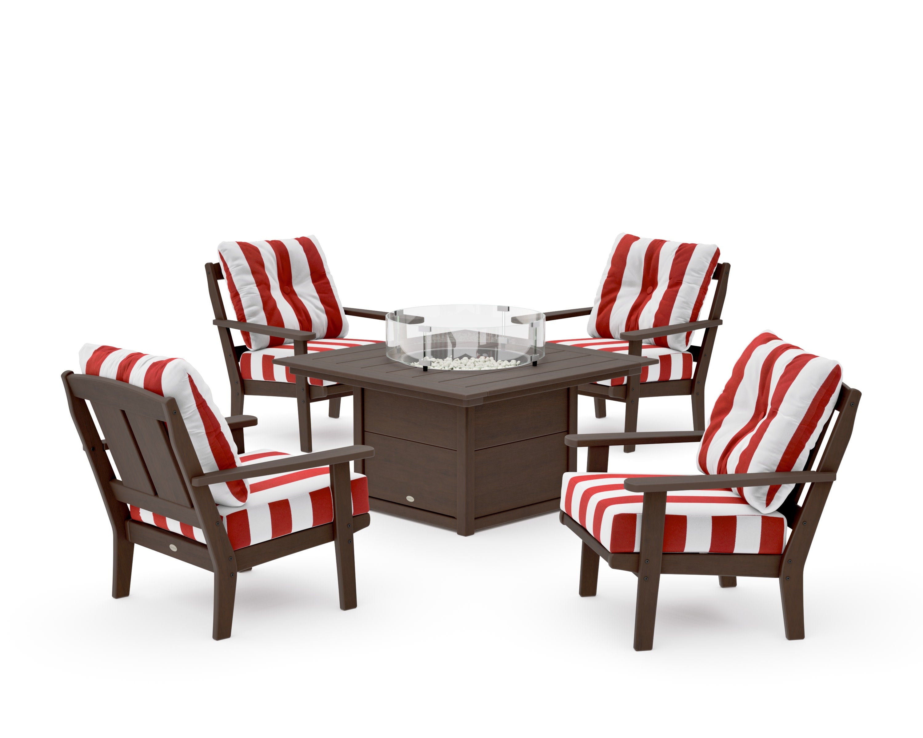Mission 5-Piece Deep Seating Set with Fire Pit Table in Kona / Cabana Stripe Crimson