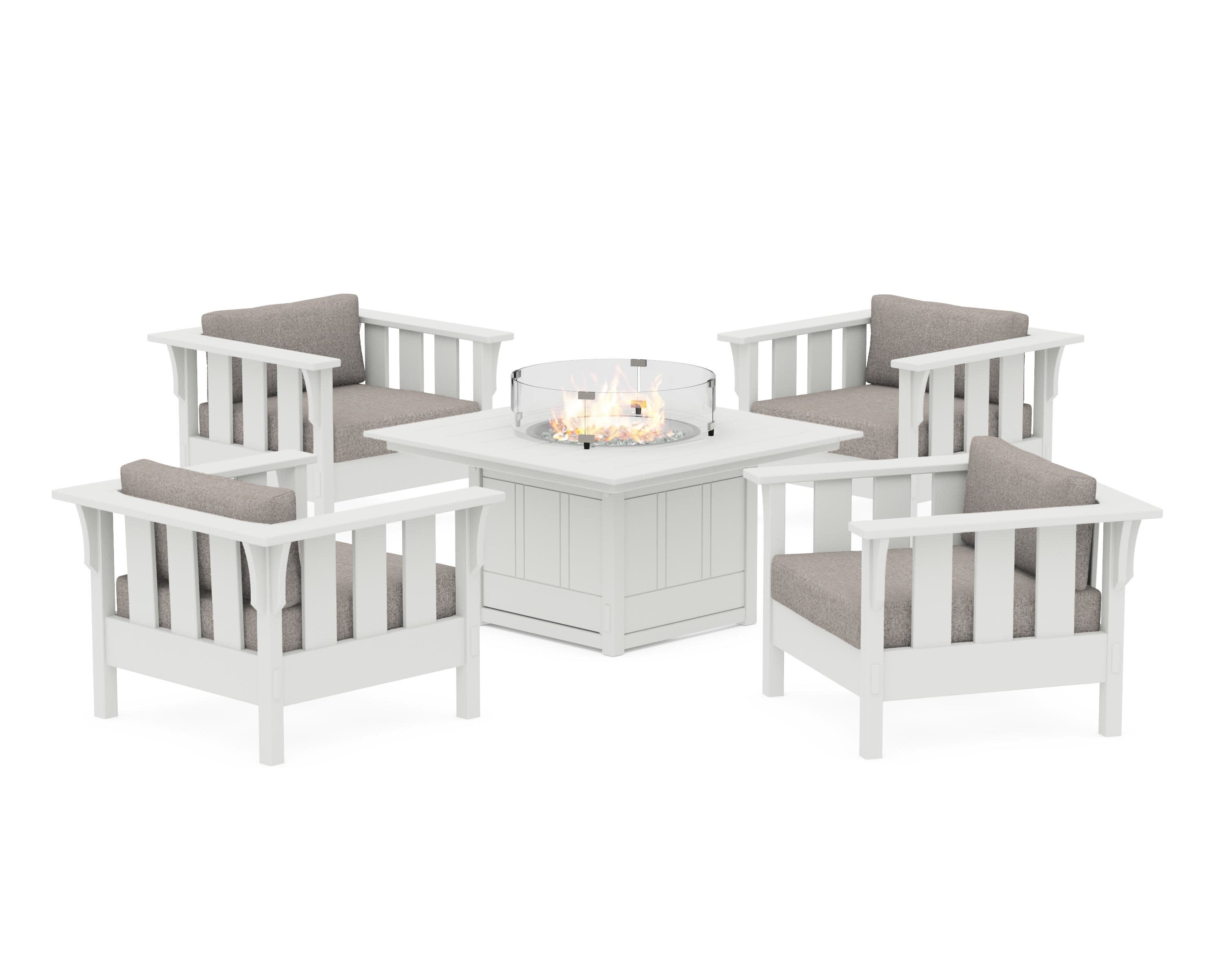Acadia 5-Piece Deep Seating Set with Fire Pit Table in Vintage White / Weathered Tweed