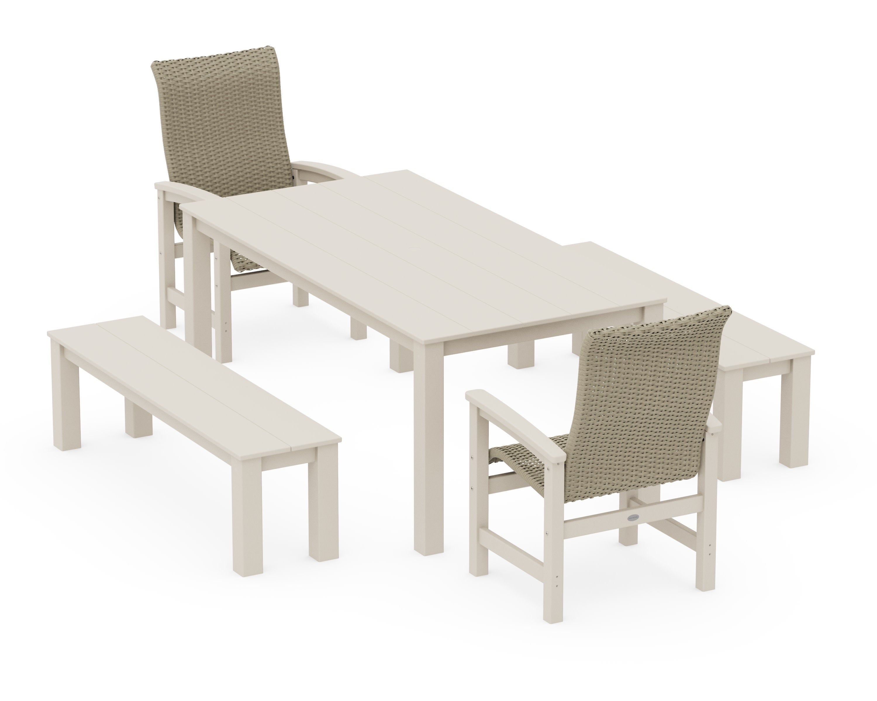 Coastal Woven High-Back 5-Piece Parsons Dining Set with Benches in Sand / Dune Grass