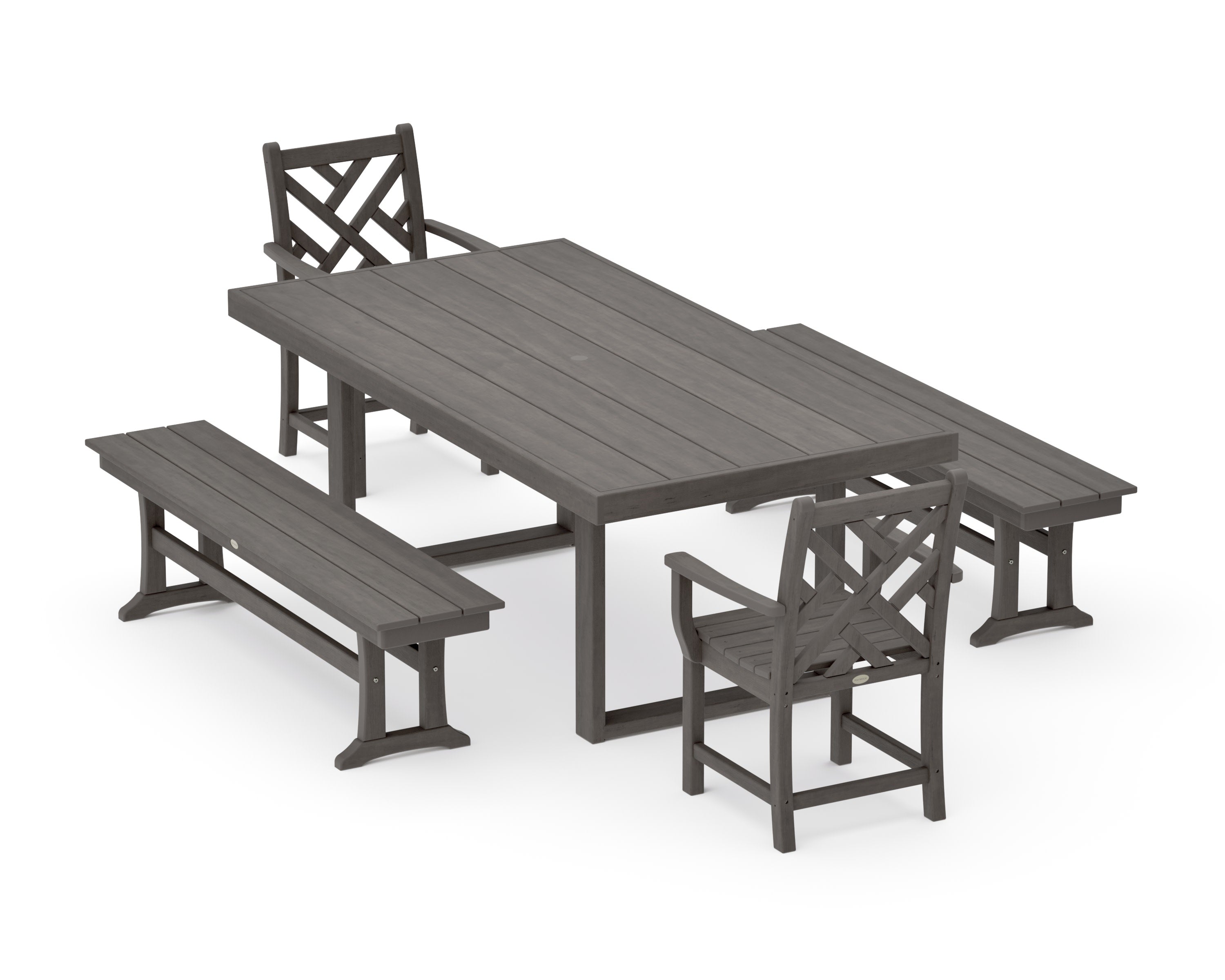 Chippendale 5-Piece Dining Set with Benches in Driftwood