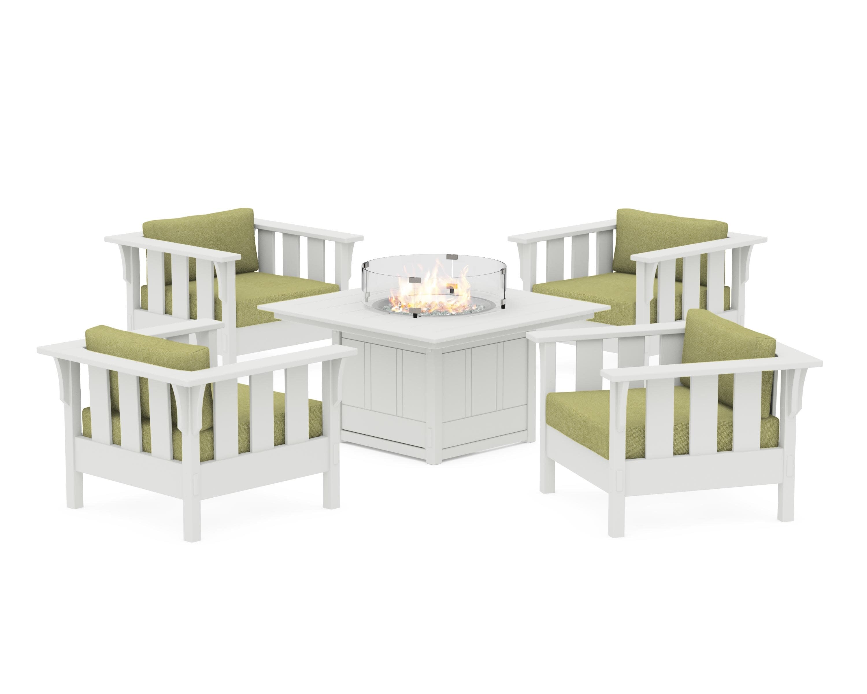 Acadia 5-Piece Deep Seating Set with Fire Pit Table in White / Chartreuse Boucle