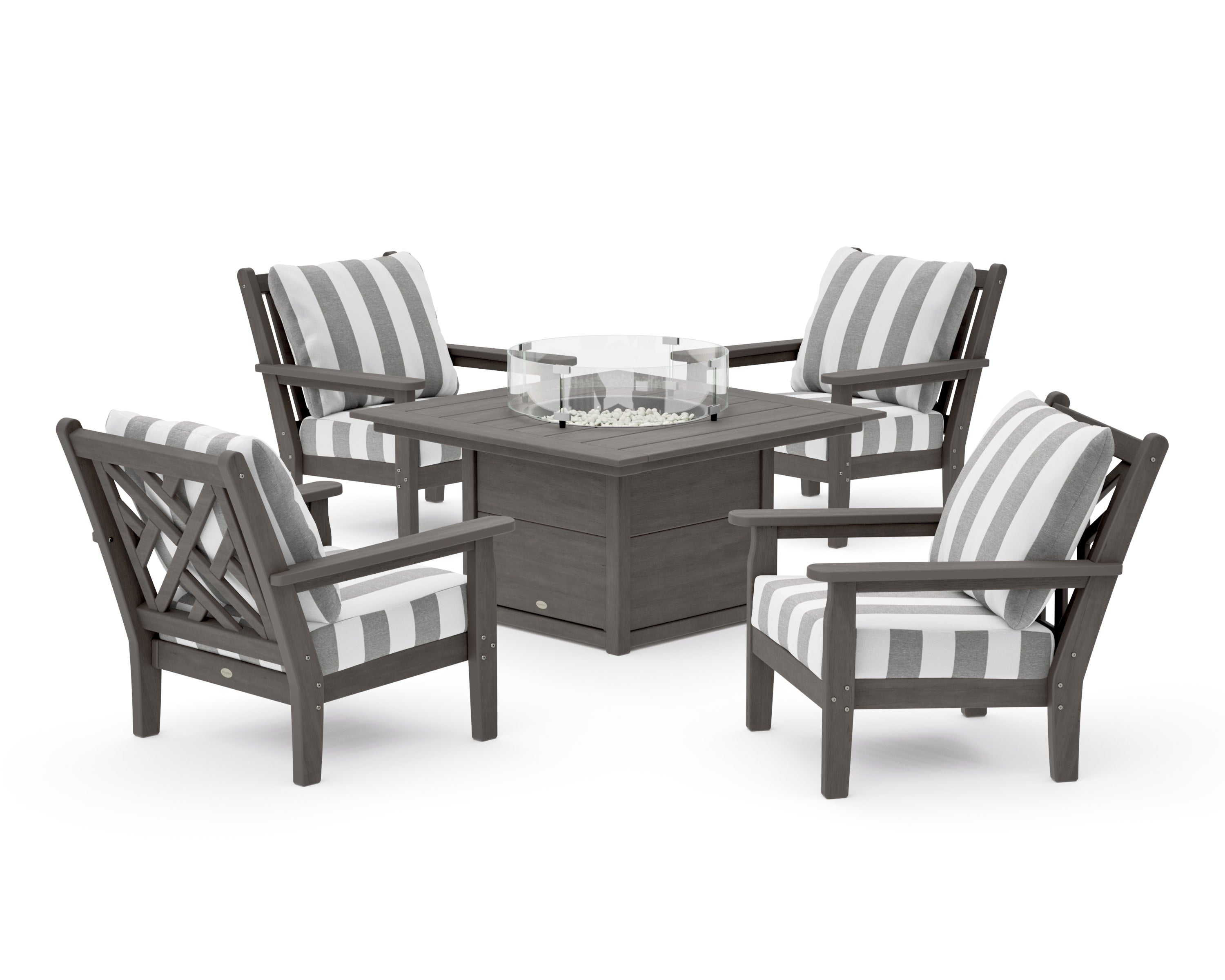 Chippendale 5-Piece Deep Seating Set with Fire Pit Table in Driftwood / Cabana Stripe Grey Mist