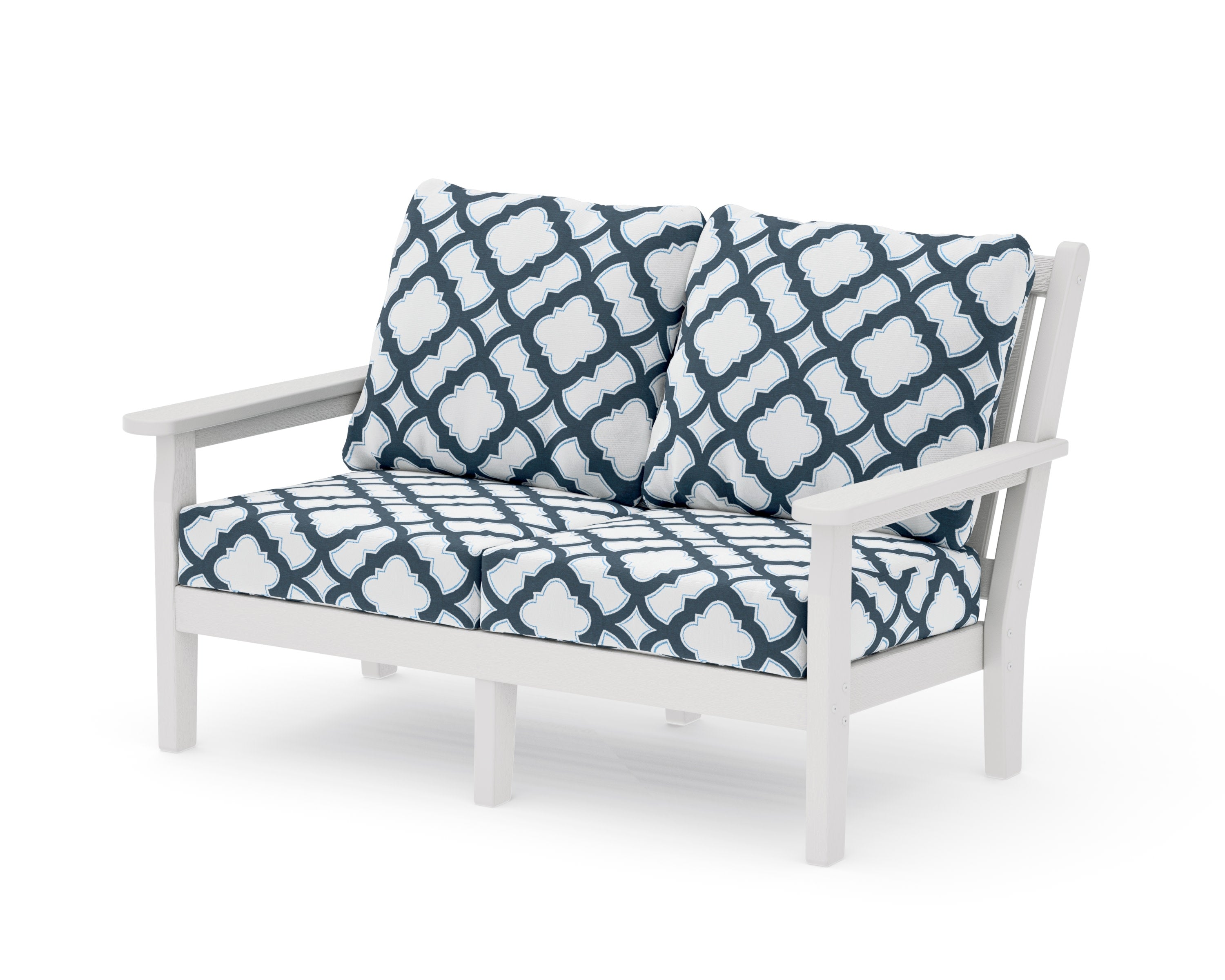 Chippendale Deep Seating Loveseat in Vintage White / Trellis Marine Indigo