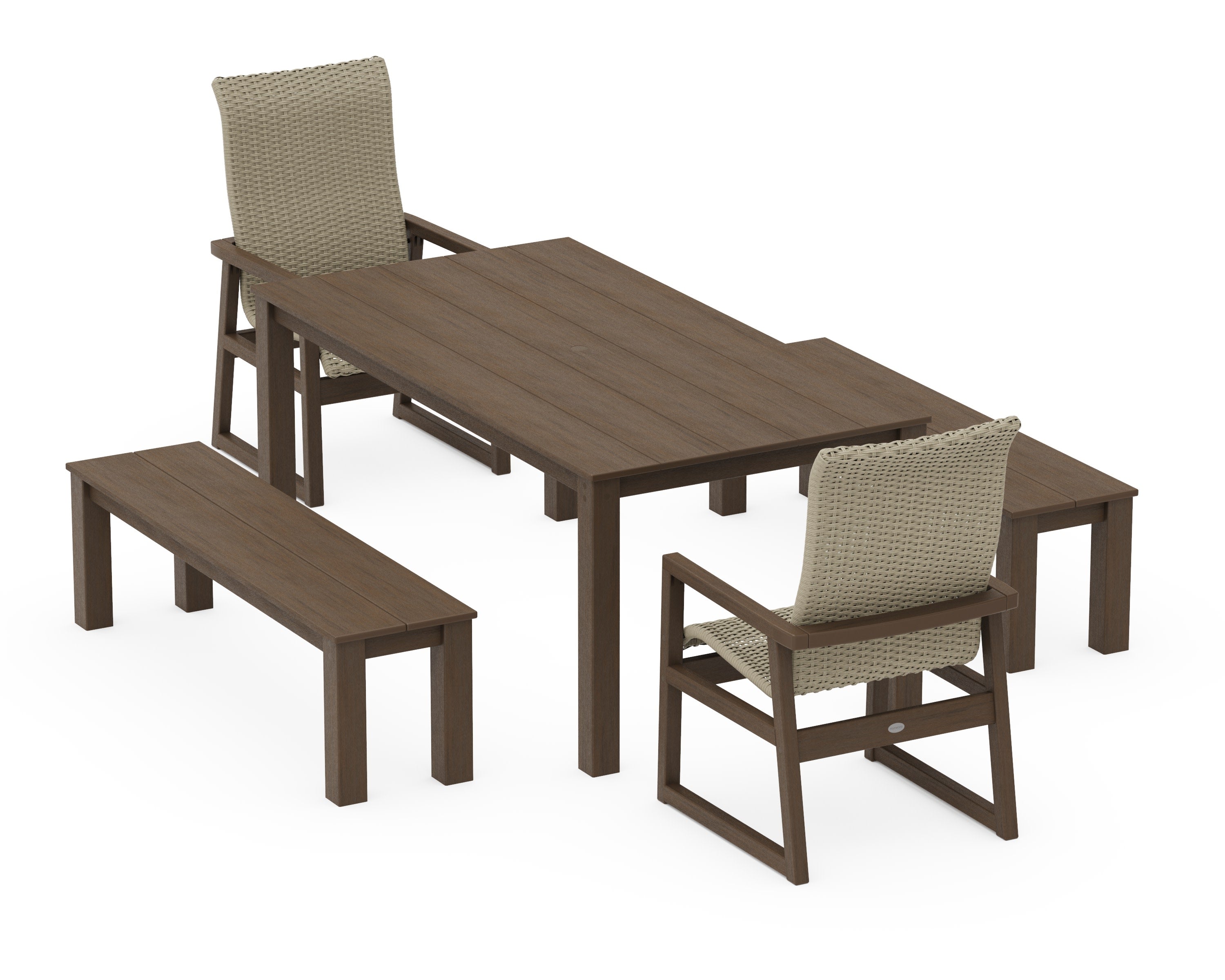 EDGE Woven Highback 5-Piece Parsons Dining Set with Benches in Kona / Dune Grass