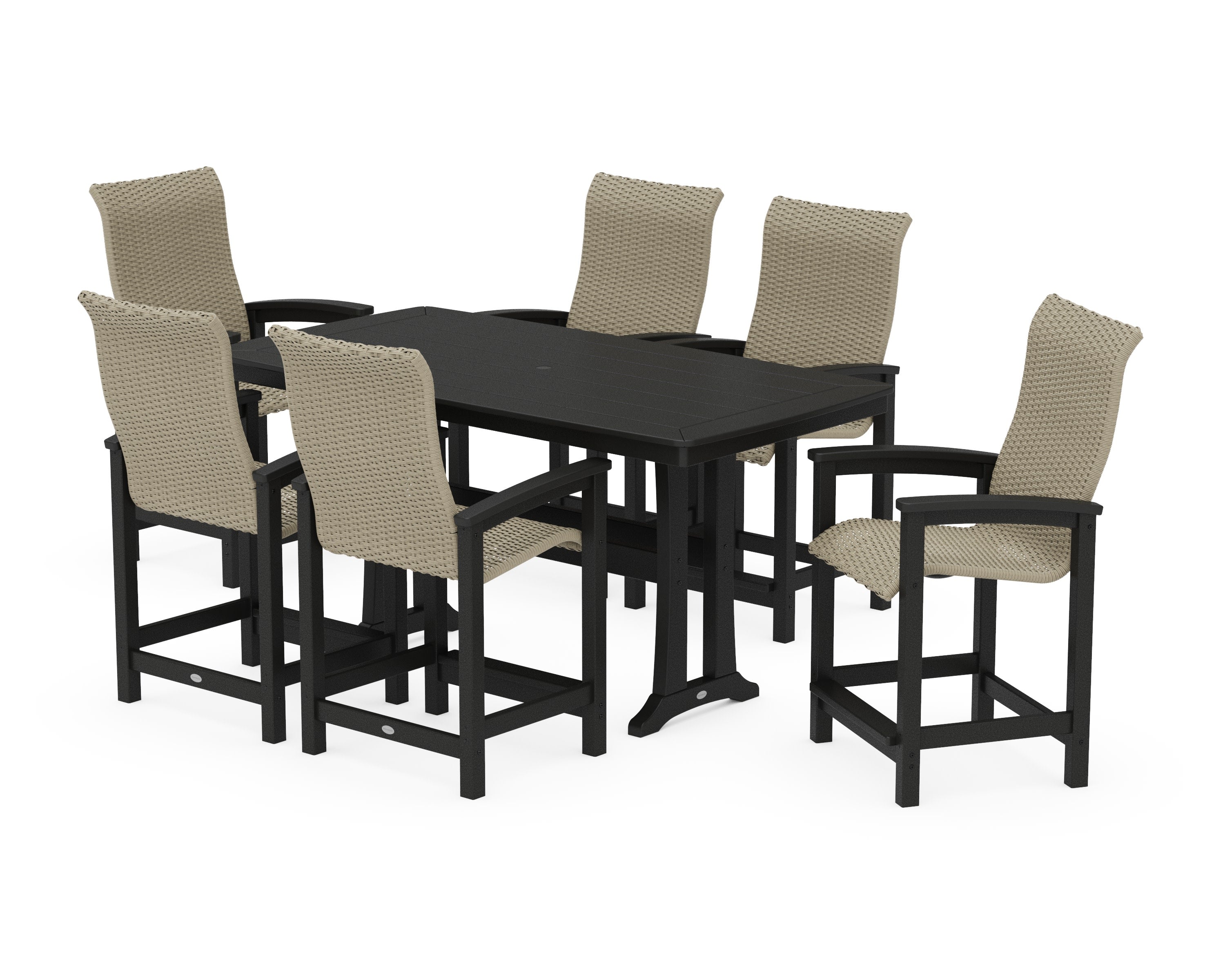 Coastal Woven High-Back Arm Chair 7-Piece Counter Set with Trestle Legs in Black / Dune Grass