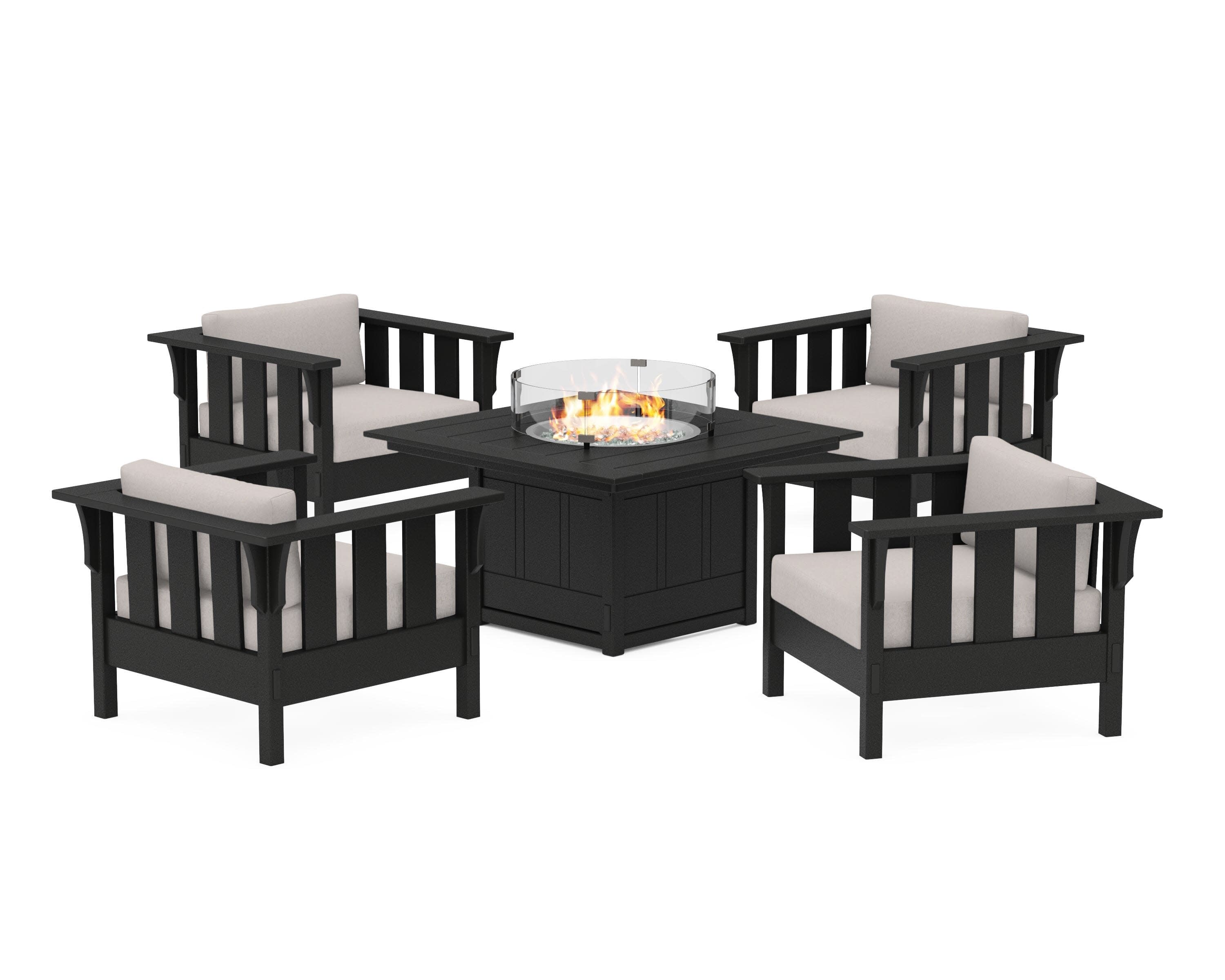 Acadia 5-Piece Deep Seating Set with Fire Pit Table in Black / Dune Burlap