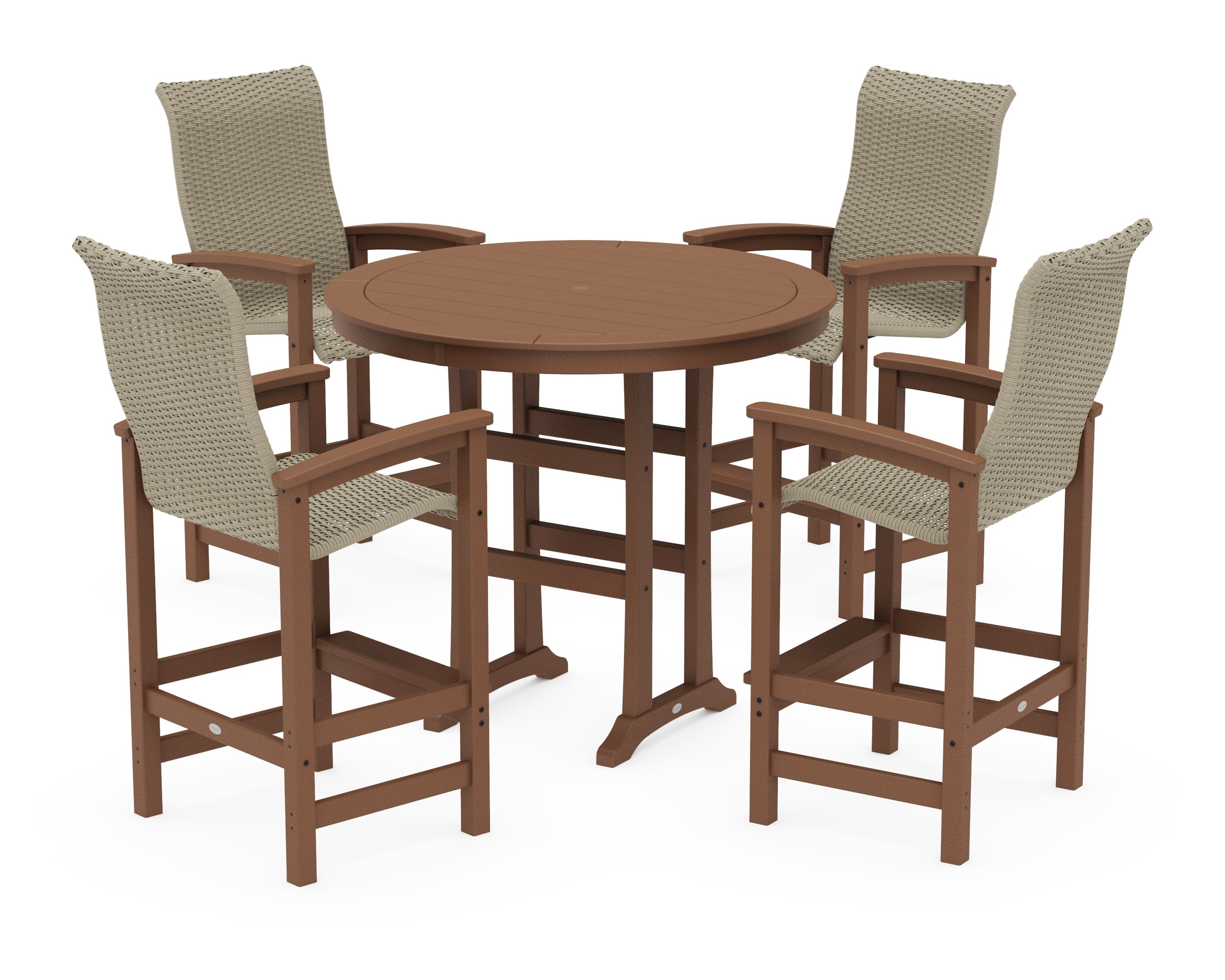 Coastal Woven High-Back 5-Piece Round Bar Set in Teak / Dune Grass