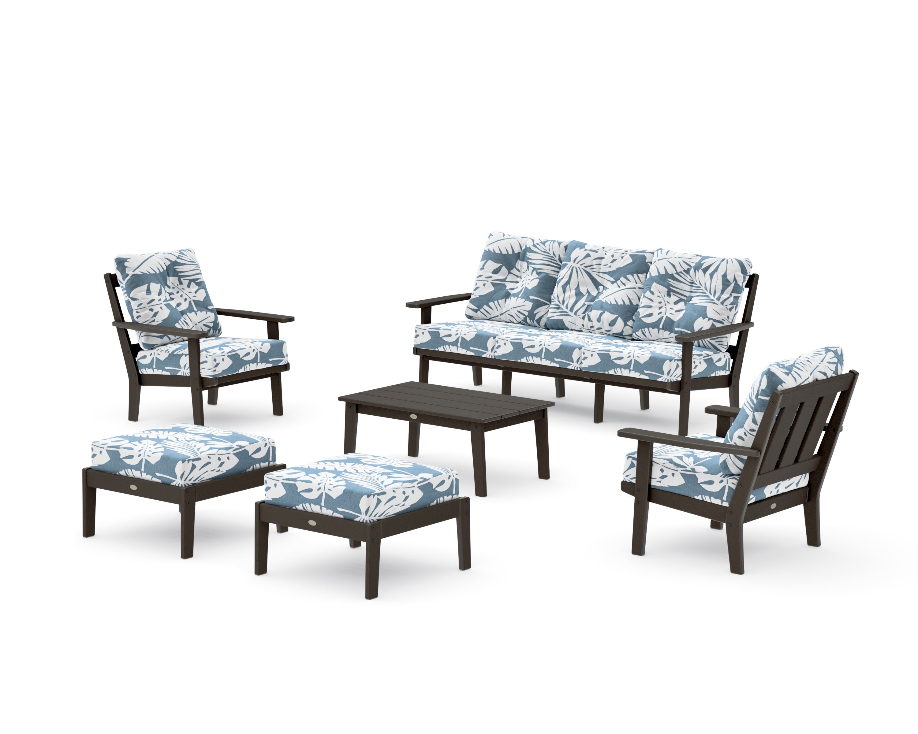 Oxford 6-Piece Lounge Sofa Set in Vintage Coffee / Leaf Sky Blue