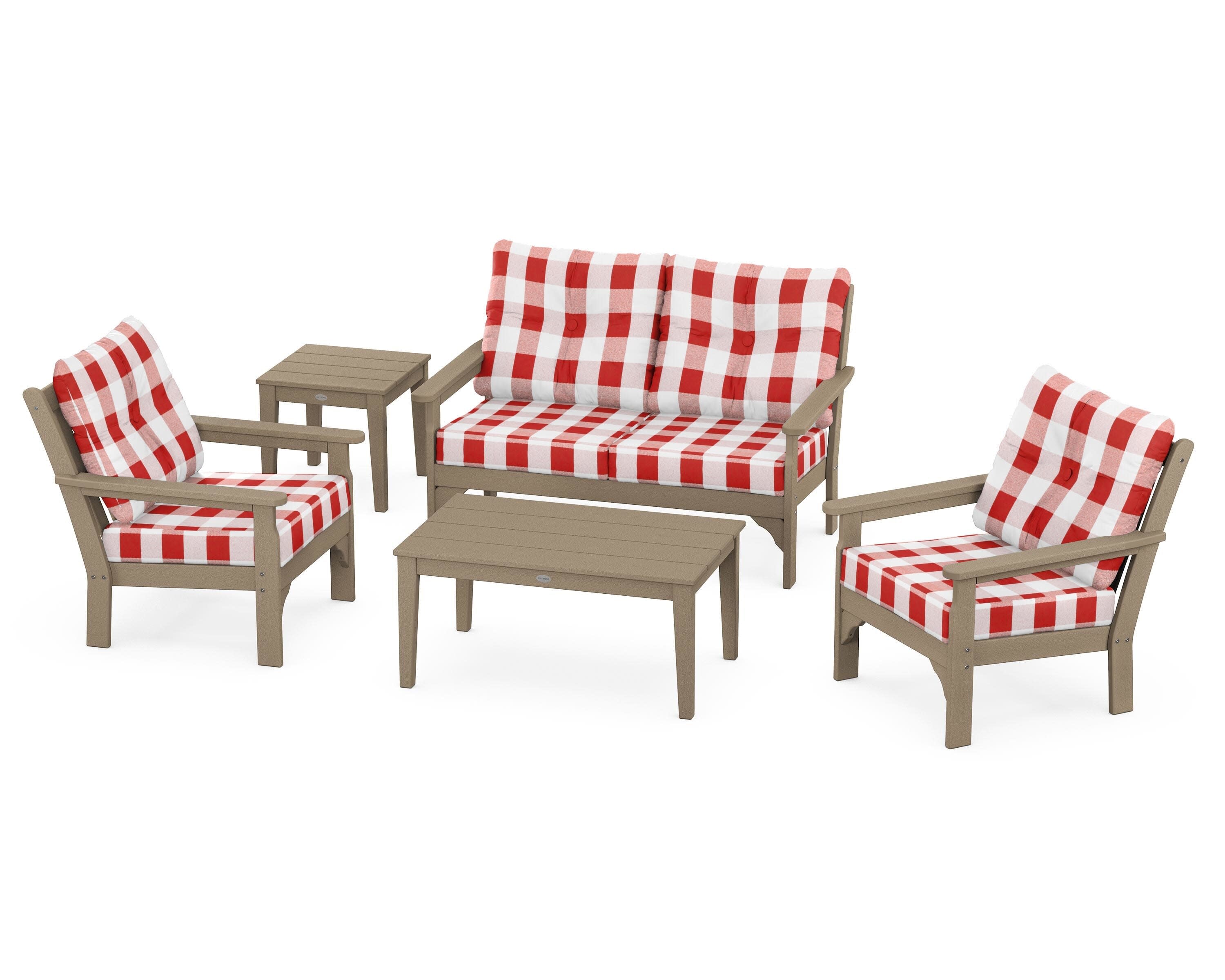Vineyard 5-Piece Deep Seating Set in Vintage Sahara / Buffalo Plaid Crimson