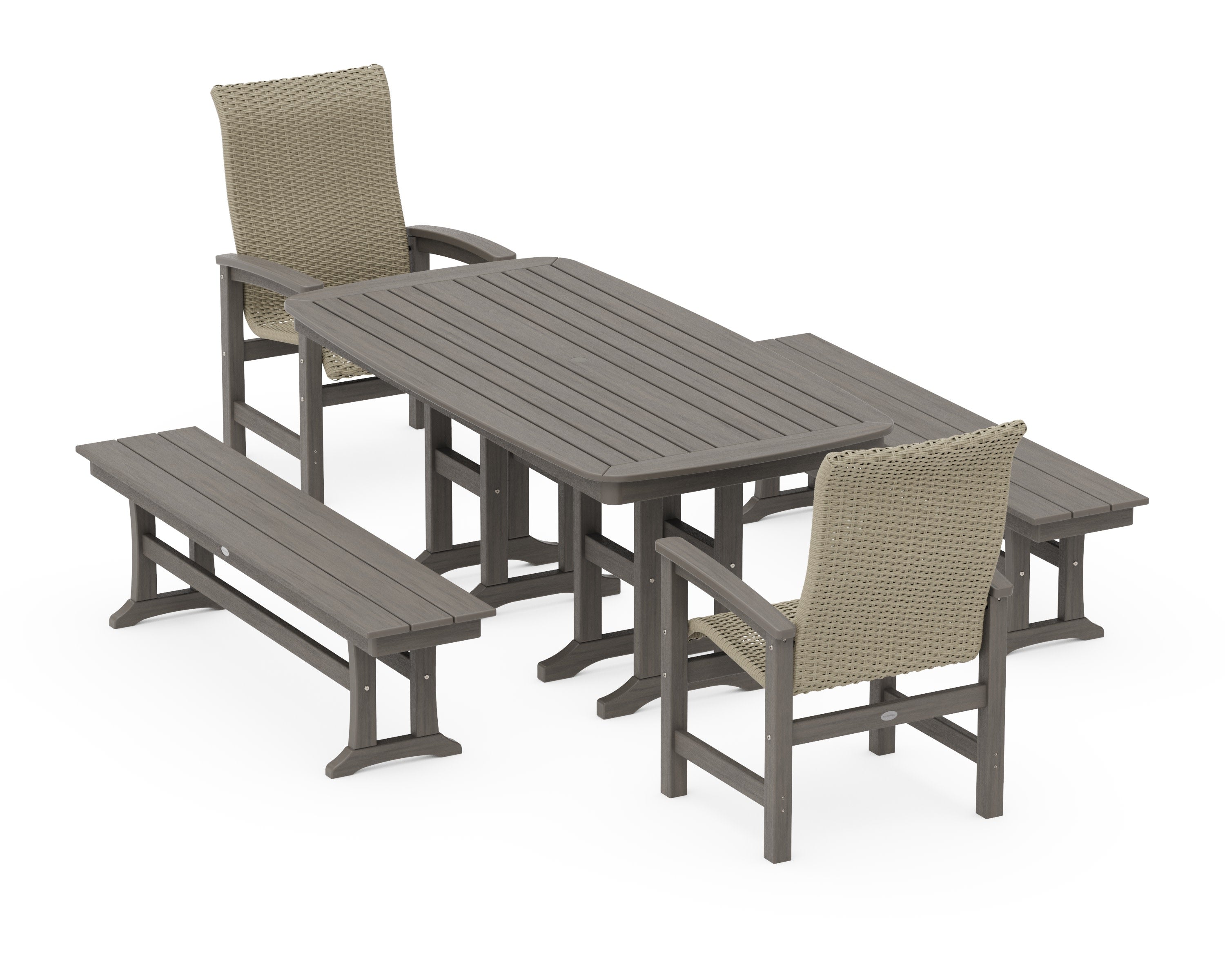 Coastal Woven High-Back 5-Piece Dining Set with Benches in Driftwood / Dune Grass