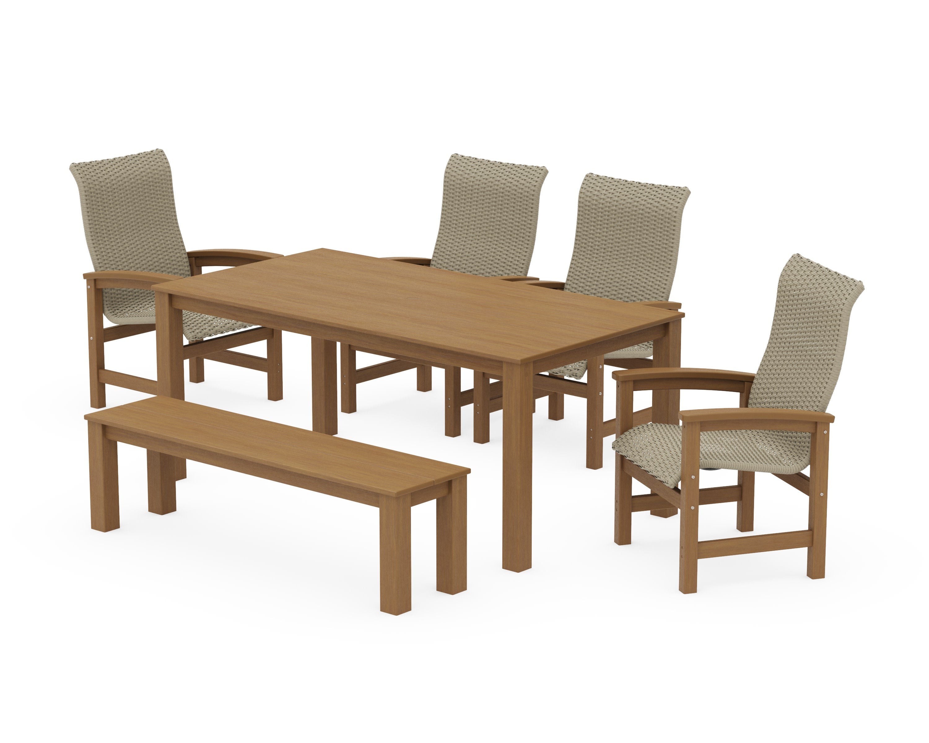 Coastal Woven High-Back 6-Piece Parsons Dining Set with Bench in Natural / Dune Grass