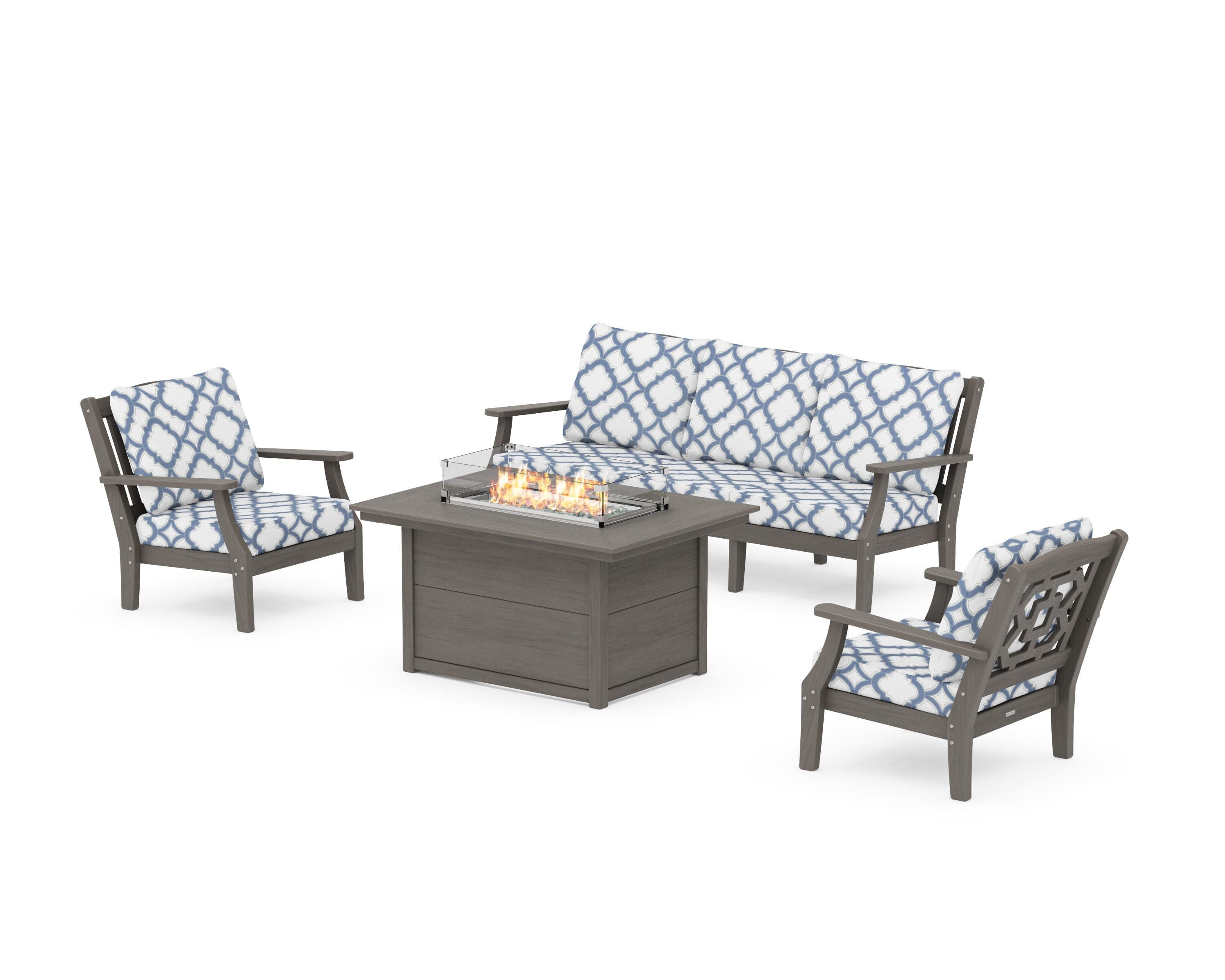 Chinoiserie Deep Seating Fire Pit Table Set in Driftwood / Trellis Sky Blue