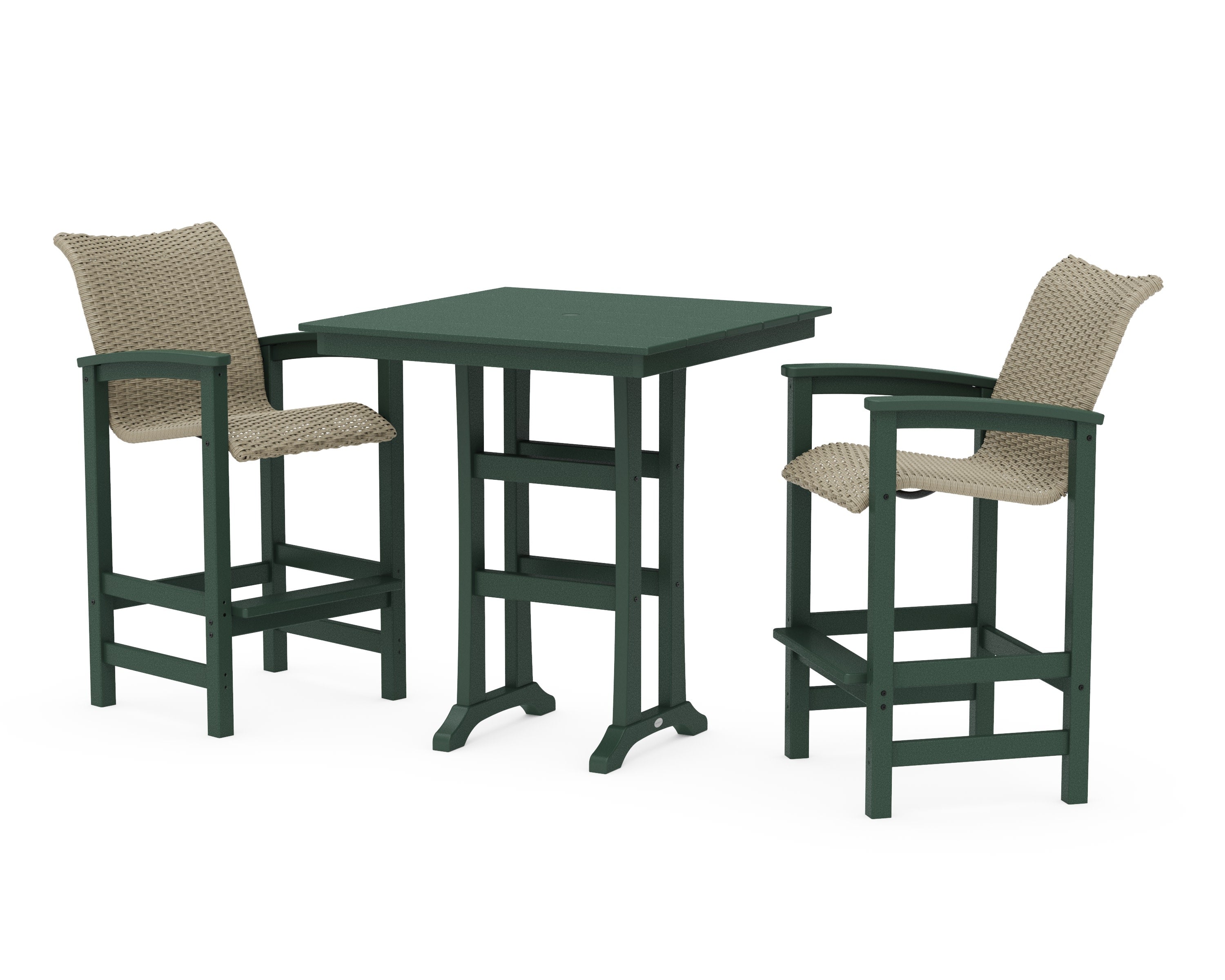 Coastal Woven 3-Piece Farmhouse Bar Set with Trestle Legs in Green / Dune Grass