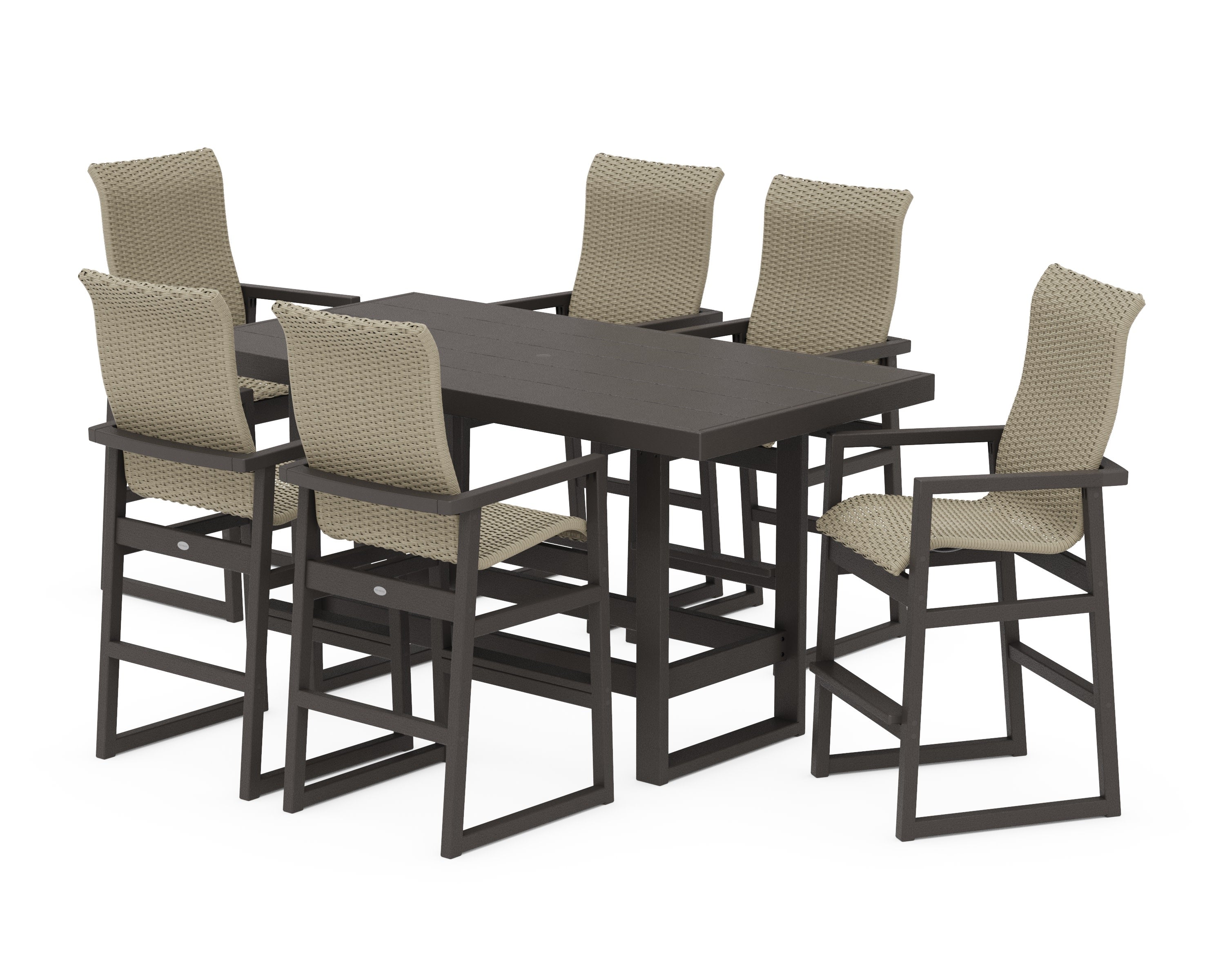 EDGE Woven Highback Arm Chair 7-Piece Bar Set in Vintage Coffee / Dune Grass