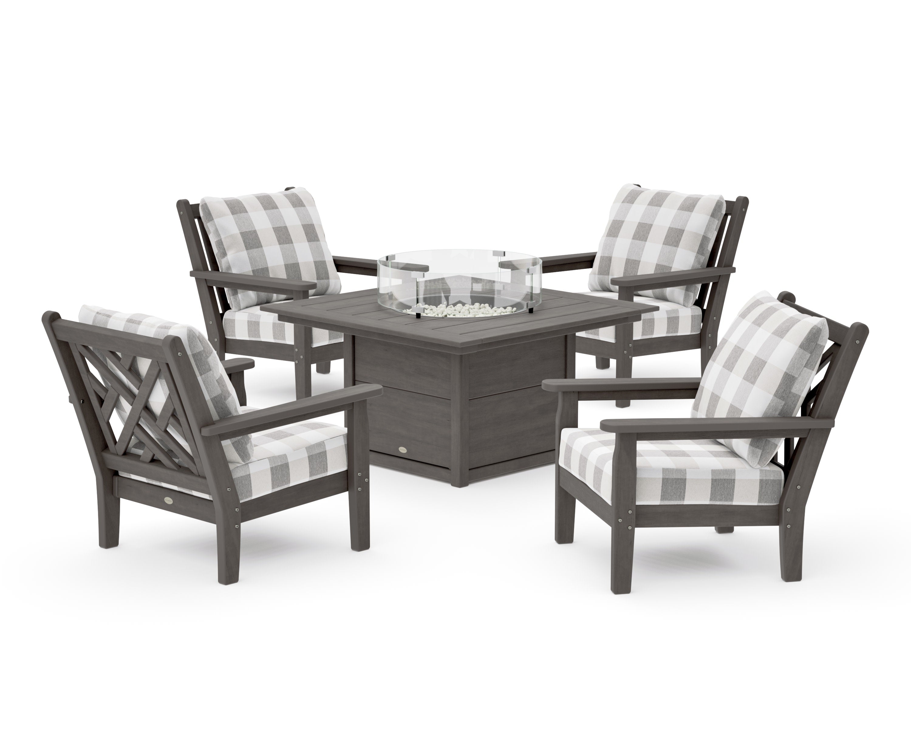 Chippendale 5-Piece Deep Seating Set with Fire Pit Table in Driftwood / Buffalo Plaid Grey Mist