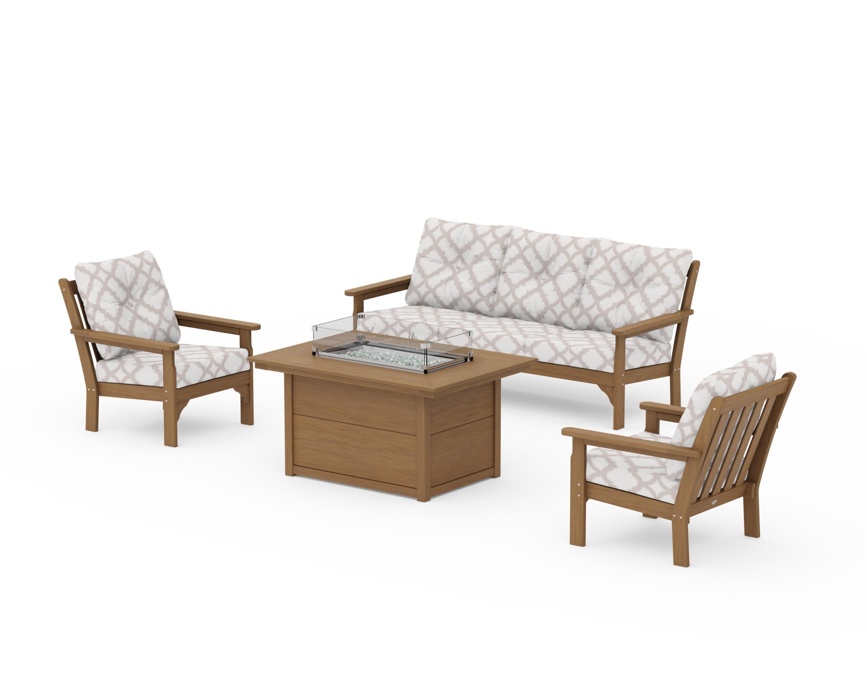Vineyard Deep Seating Fire Pit Table Set in Natural / Trellis Dune Burlap