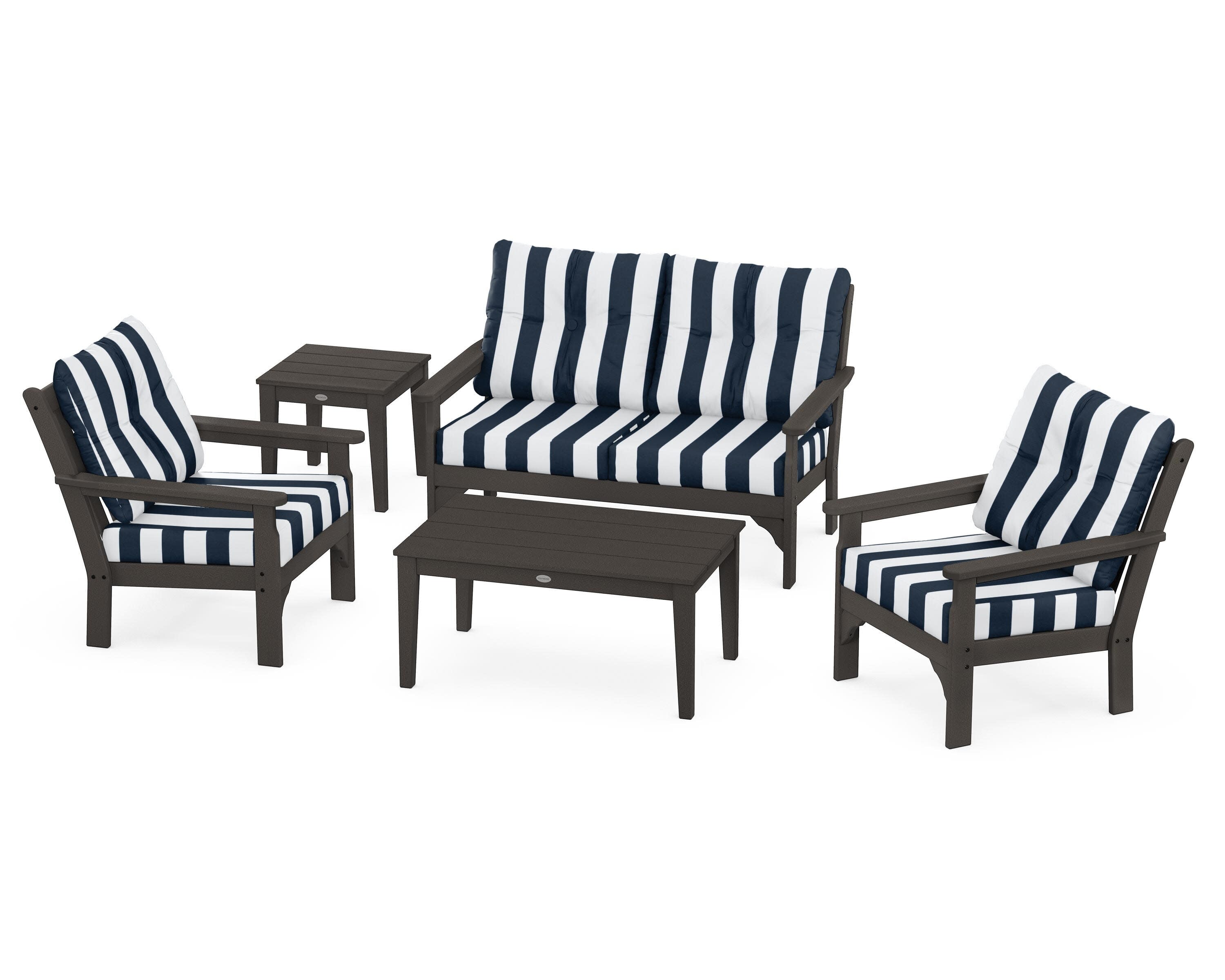 Vineyard 5-Piece Deep Seating Set in Vintage Coffee / Cabana Stripe Marine Indigo