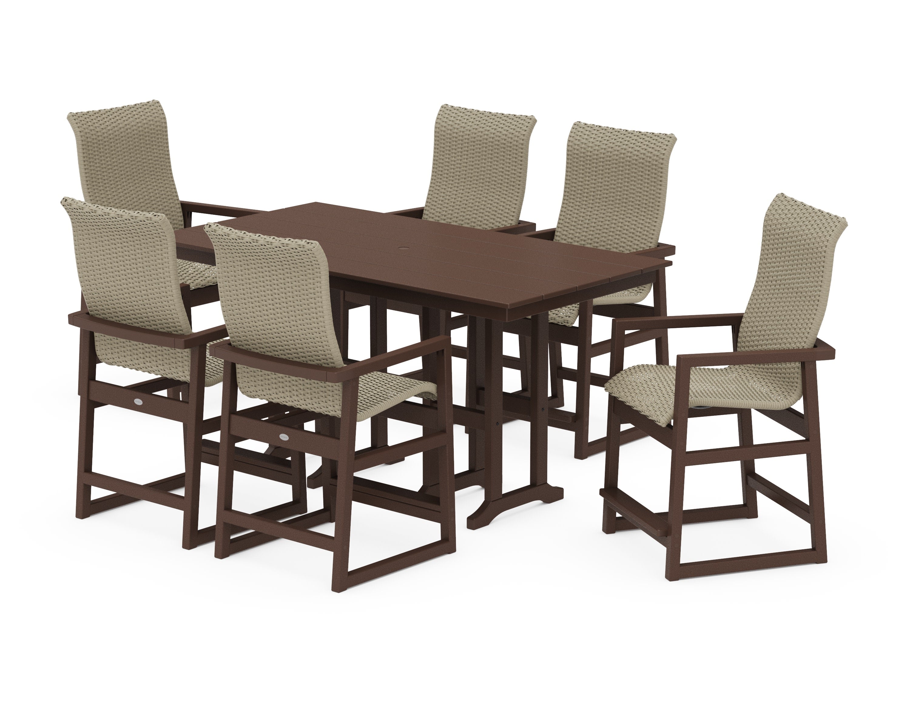 EDGE Woven Highback Arm Chair 7-Piece Farmhouse Counter Set in Mahogany / Dune Grass