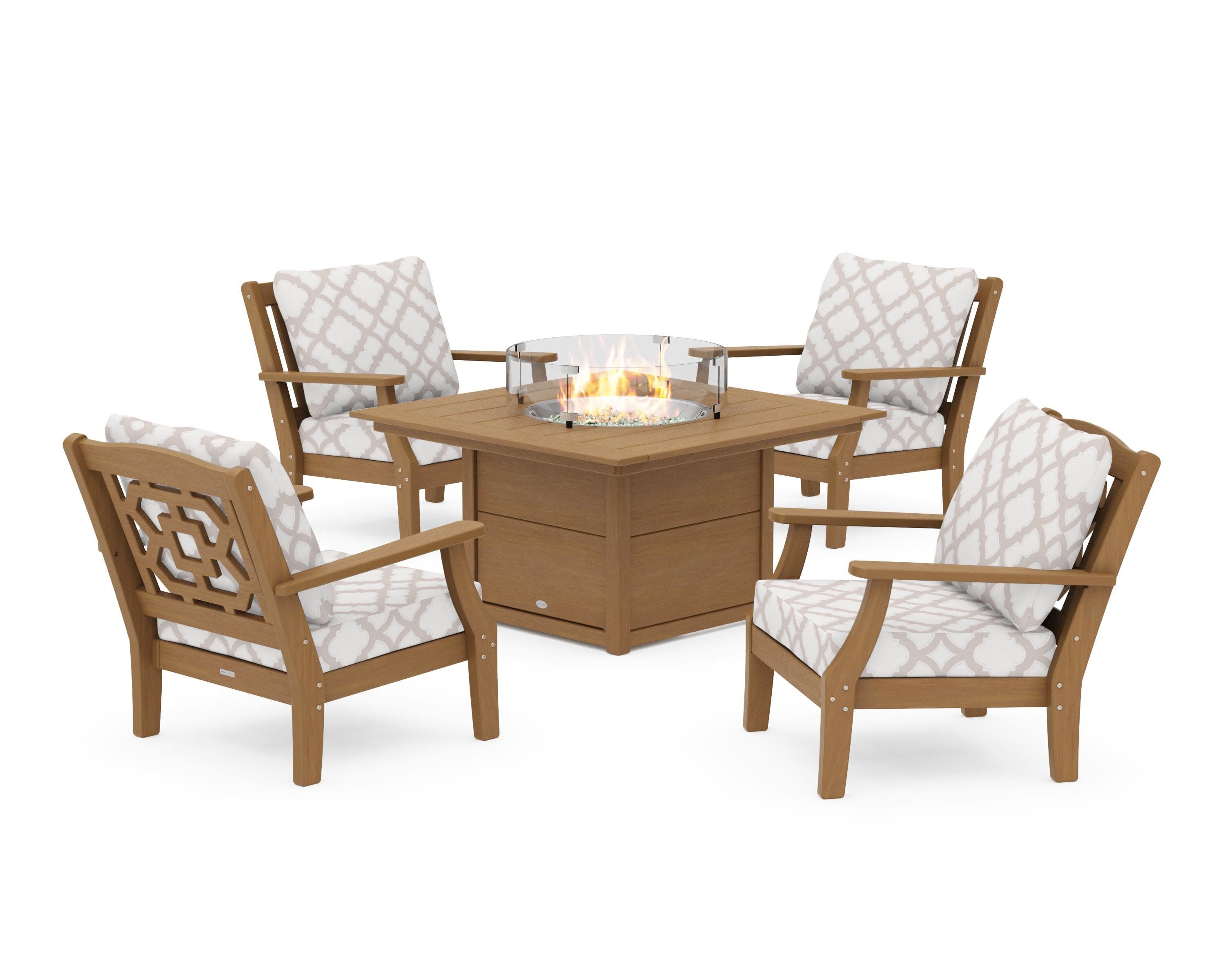 Chinoiserie 5-Piece Deep Seating Set with Fire Pit Table in Natural / Trellis Dune Burlap