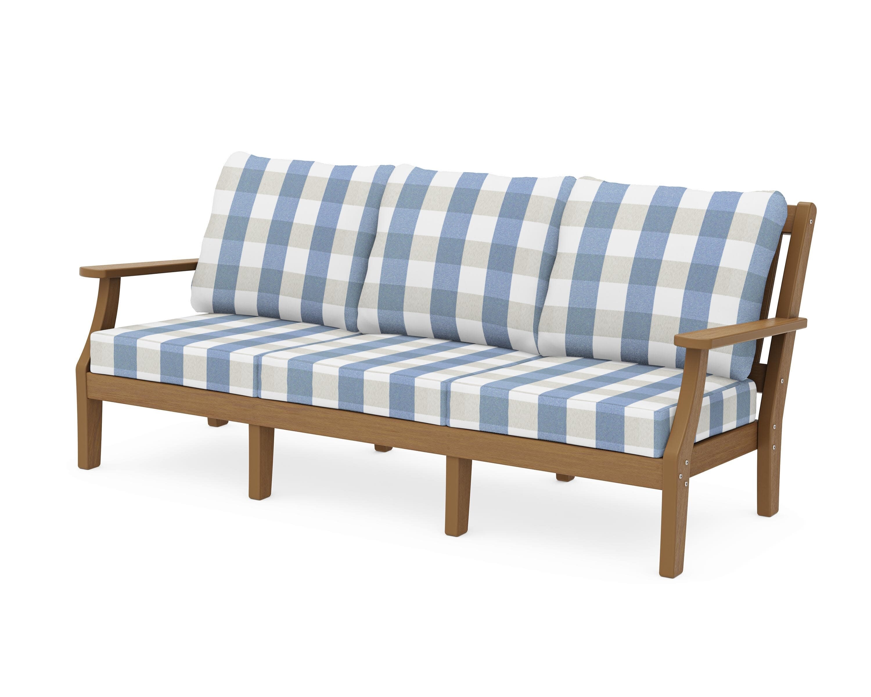Chinoiserie Deep Seating Sofa in Natural / Buffalo Plaid Sky Blue
