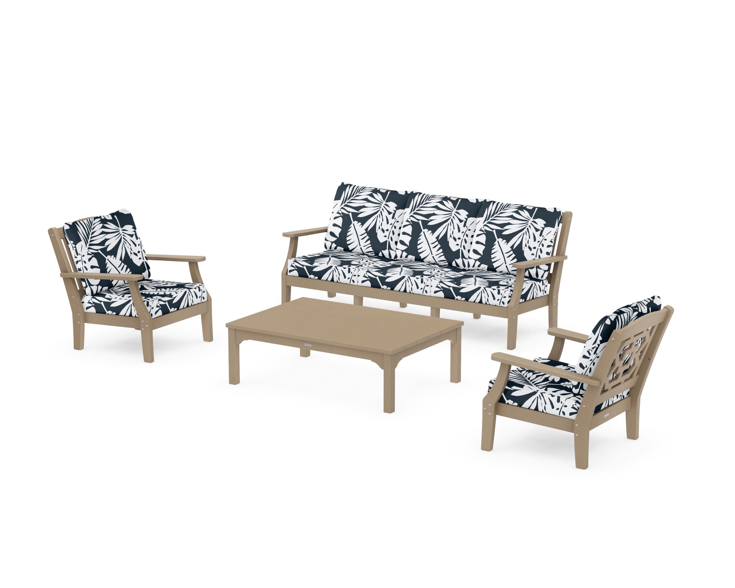 Chinoiserie 4-Piece Deep Seating Set with Sofa in Vintage Sahara / Leaf Marine Indigo