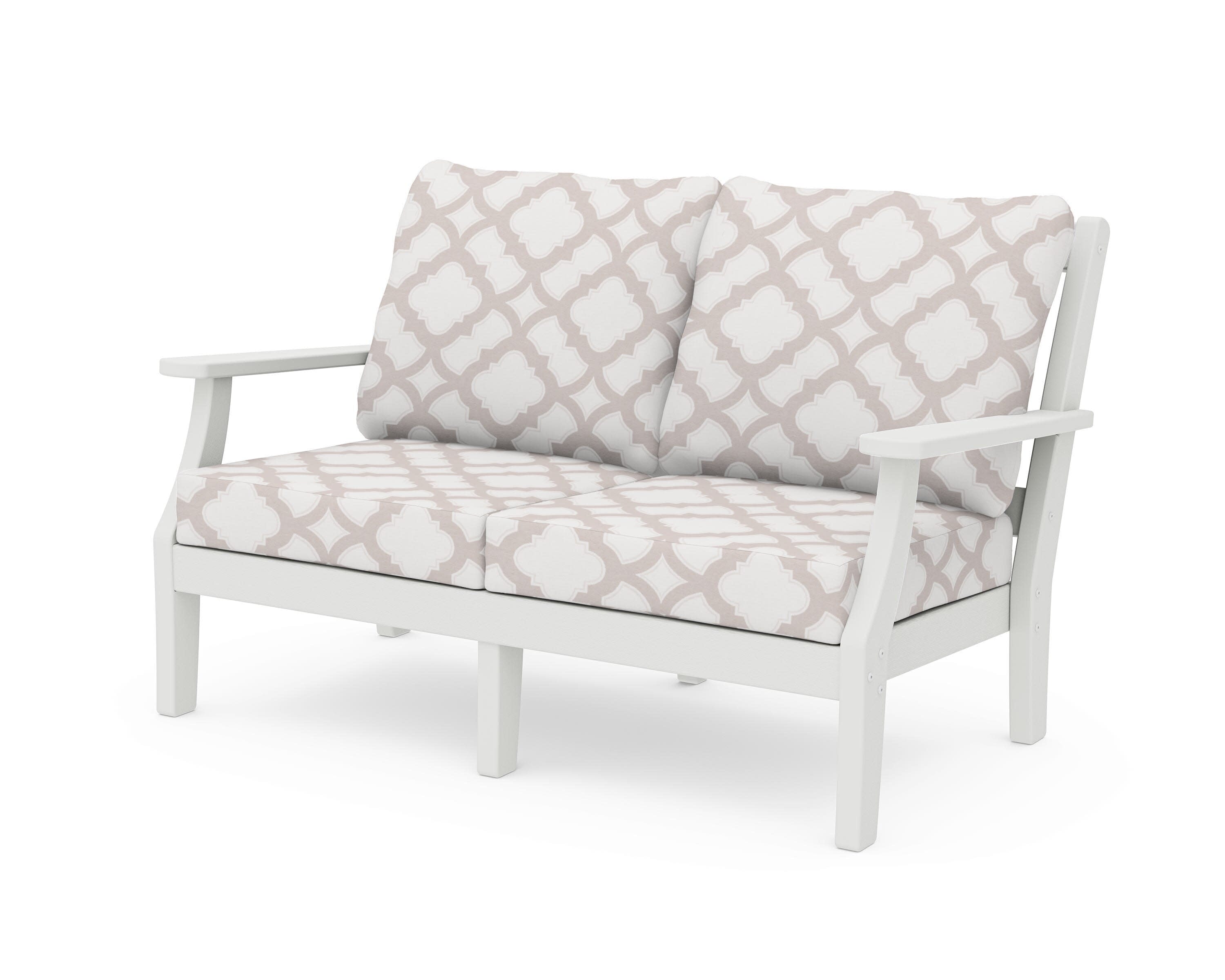 Chinoiserie Deep Seating Loveseat in Vintage White / Trellis Dune Burlap