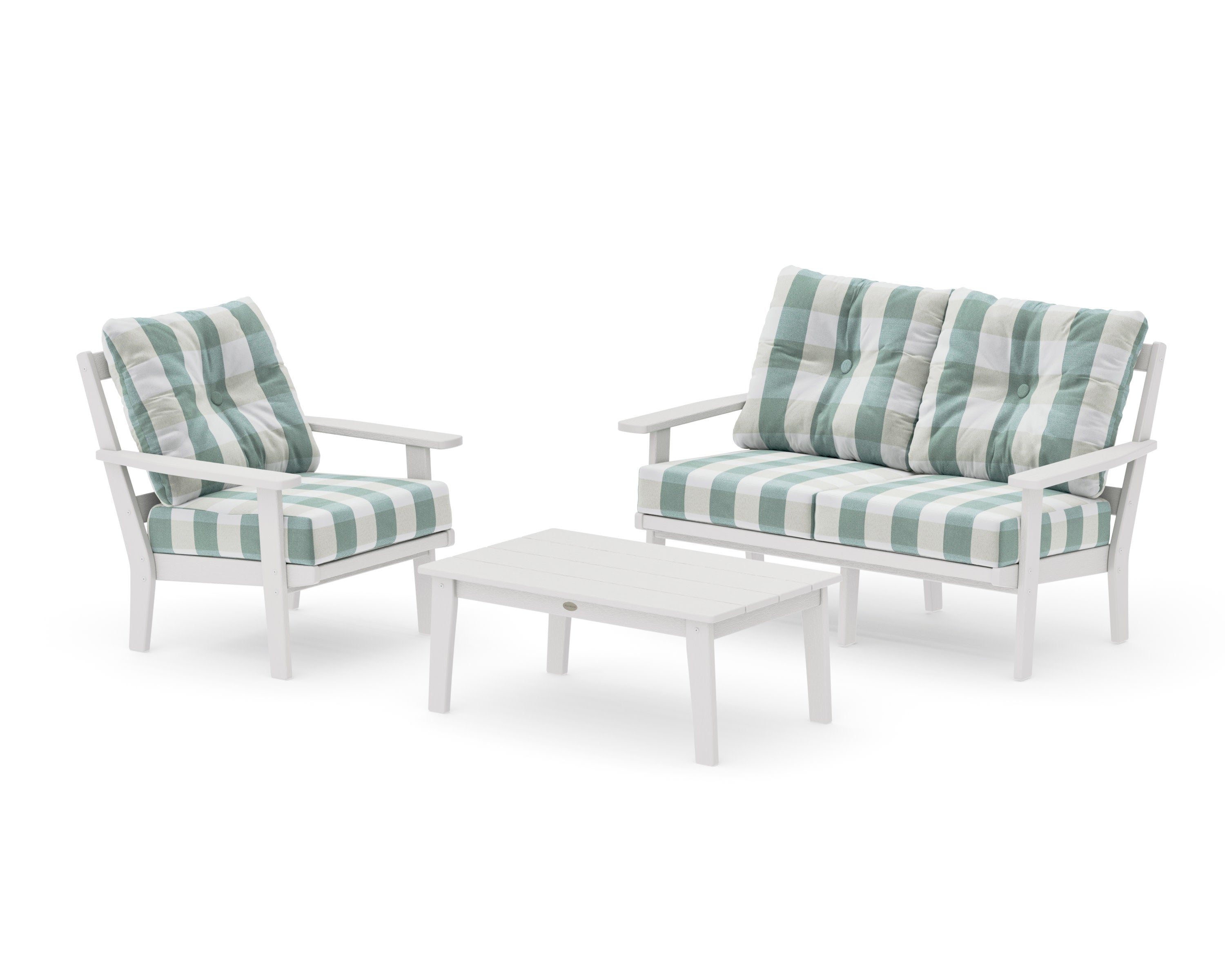 Prairie 3-Piece Deep Seating Set with Loveseat in Vintage White / Buffalo Plaid Glacier Spa