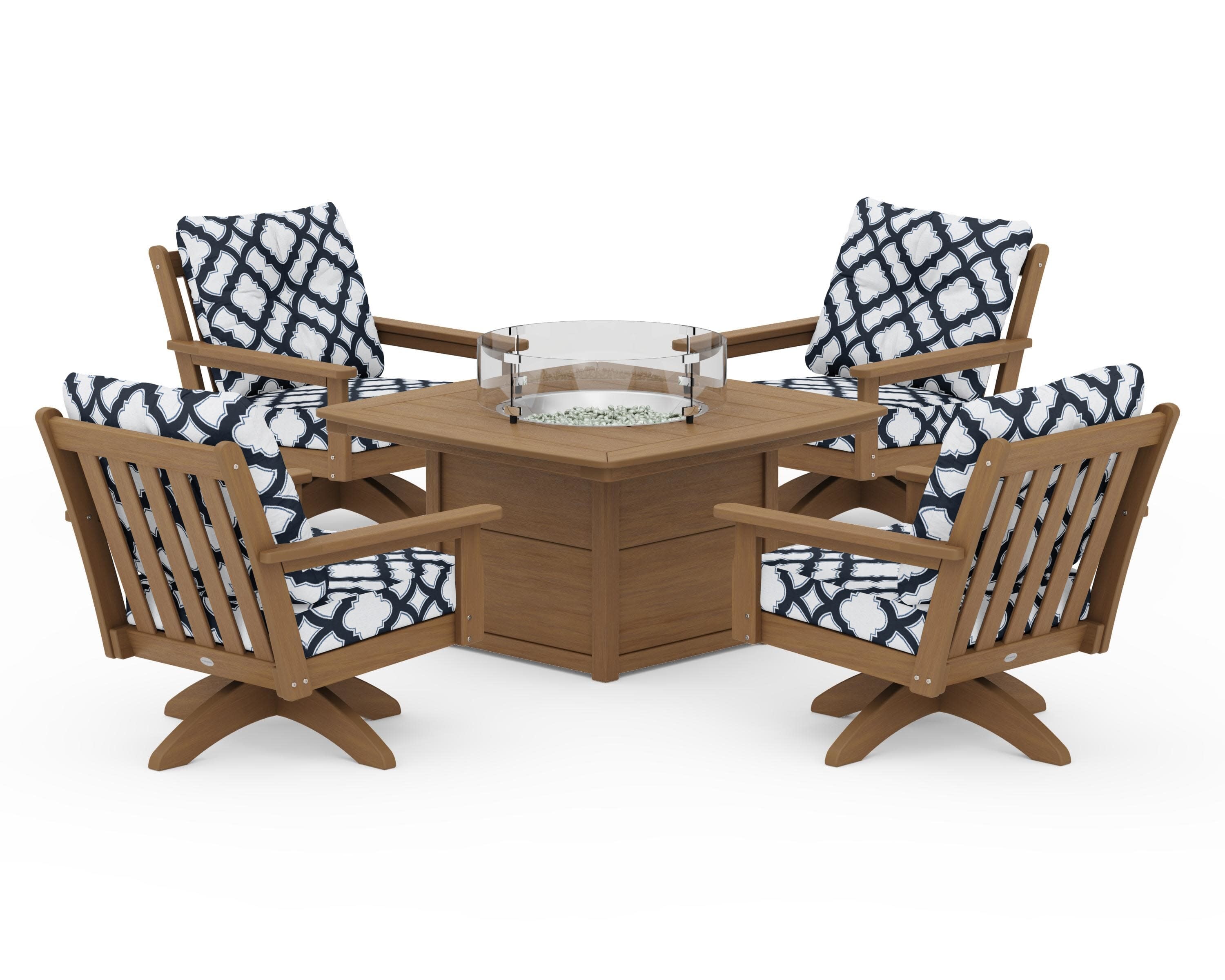 Vineyard 5-Piece Deep Seating Swivel Conversation Set with Fire Pit Table in Natural / Trellis Marine Indigo