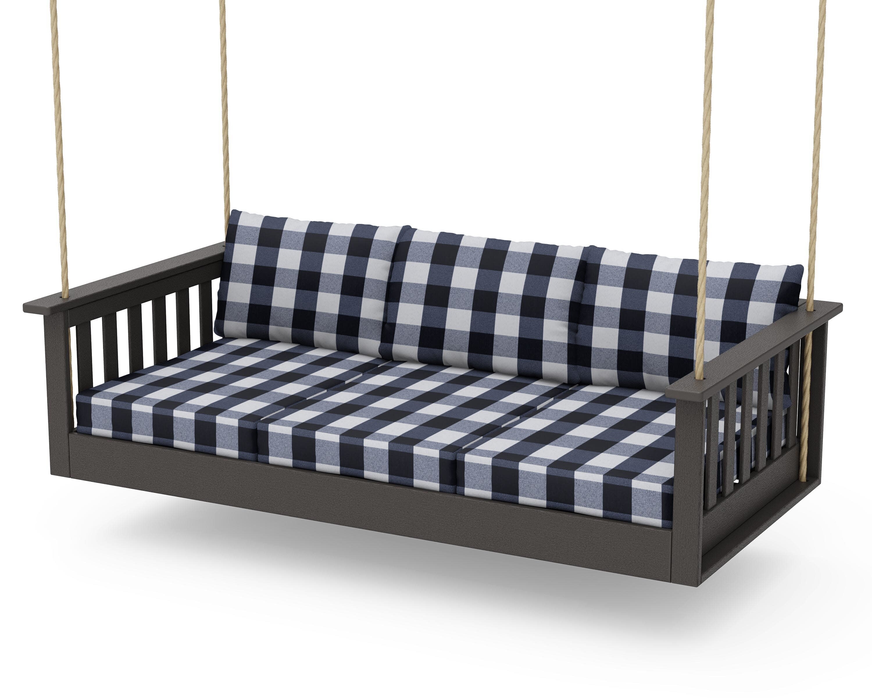 Vineyard Daybed Swing in Vintage Coffee / Buffalo Plaid Marine Indigo