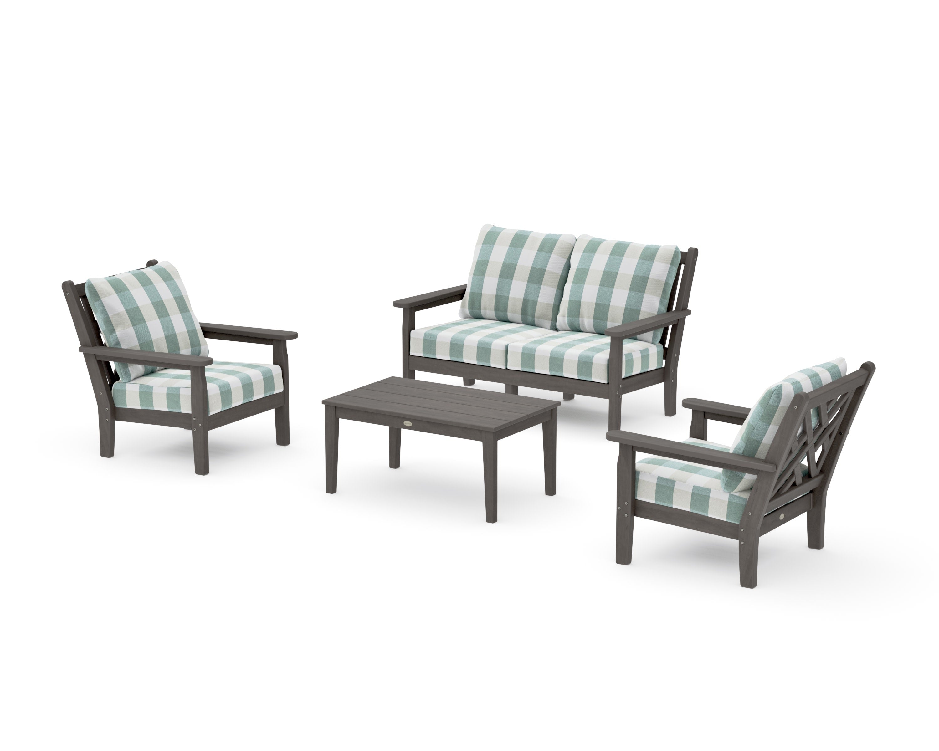 Chippendale 4-Piece Deep Seating Set with Loveseat in Driftwood / Buffalo Plaid Glacier Spa