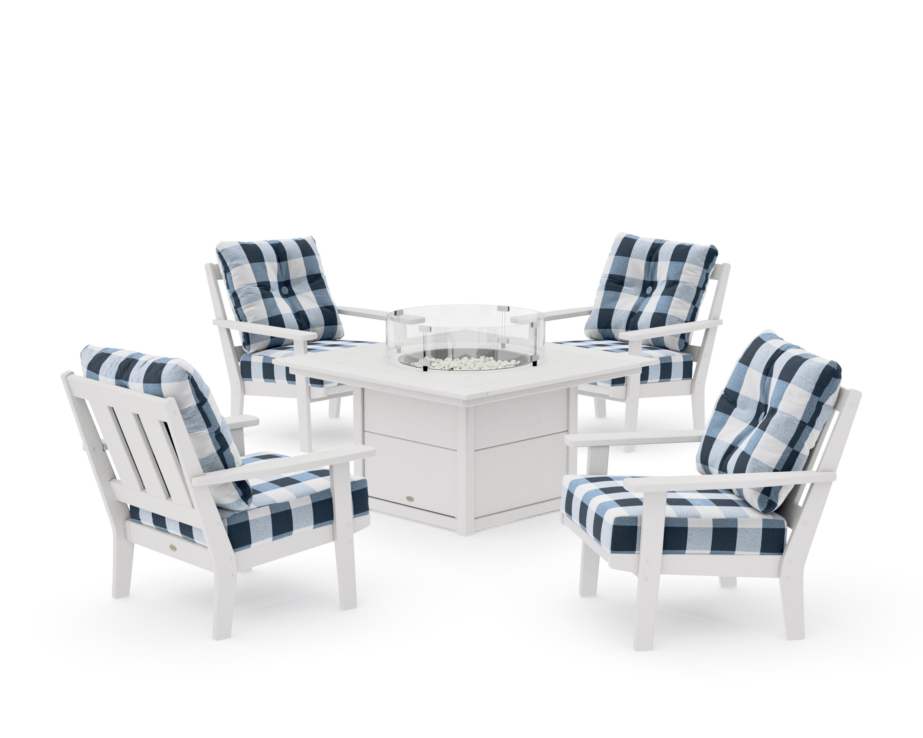 Oxford 5-Piece Deep Seating Set with Fire Pit Table in Vintage White / Buffalo Plaid Marine Indigo