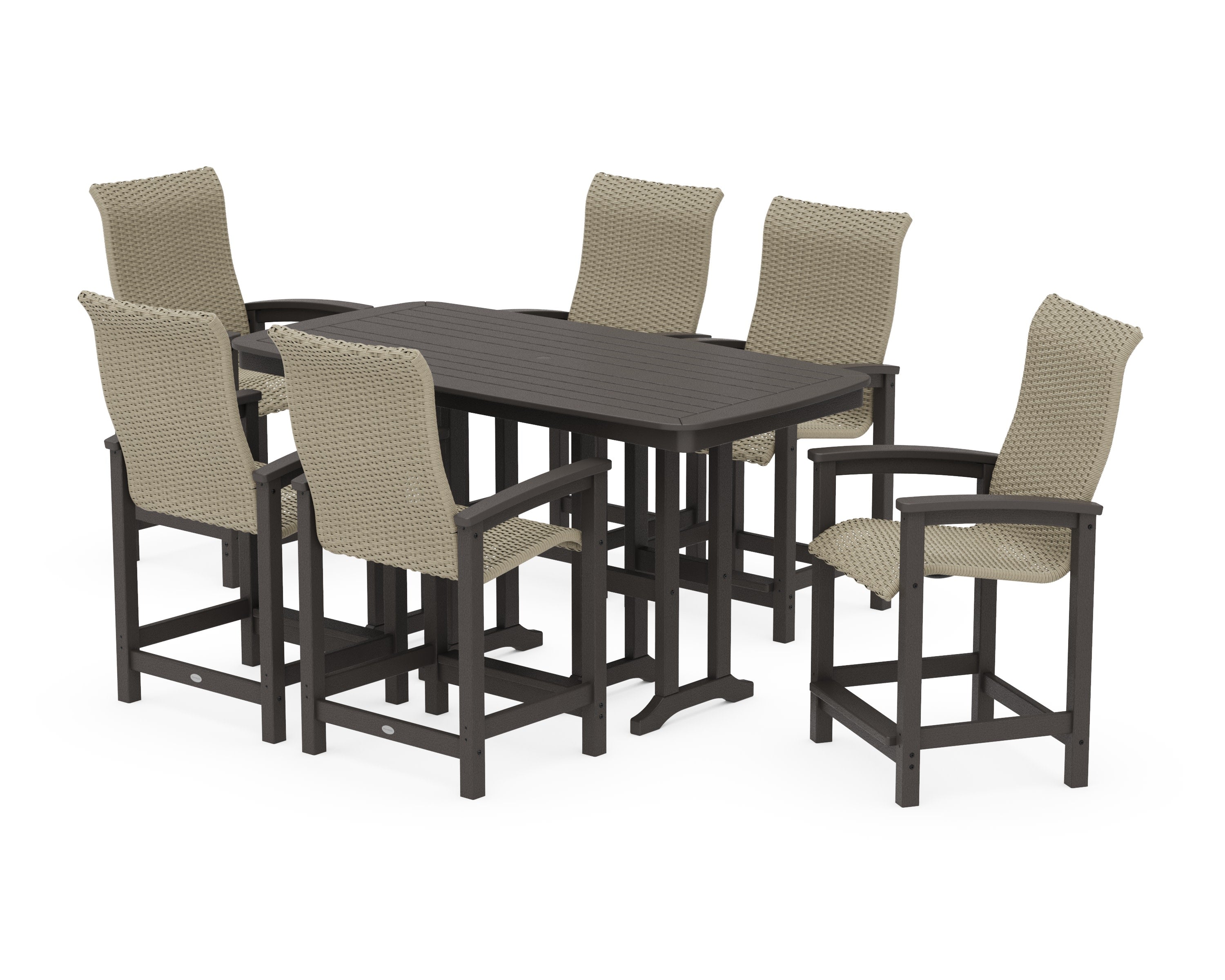 Coastal Woven High-Back Arm Chair 7-Piece Counter Set in Vintage Coffee / Dune Grass