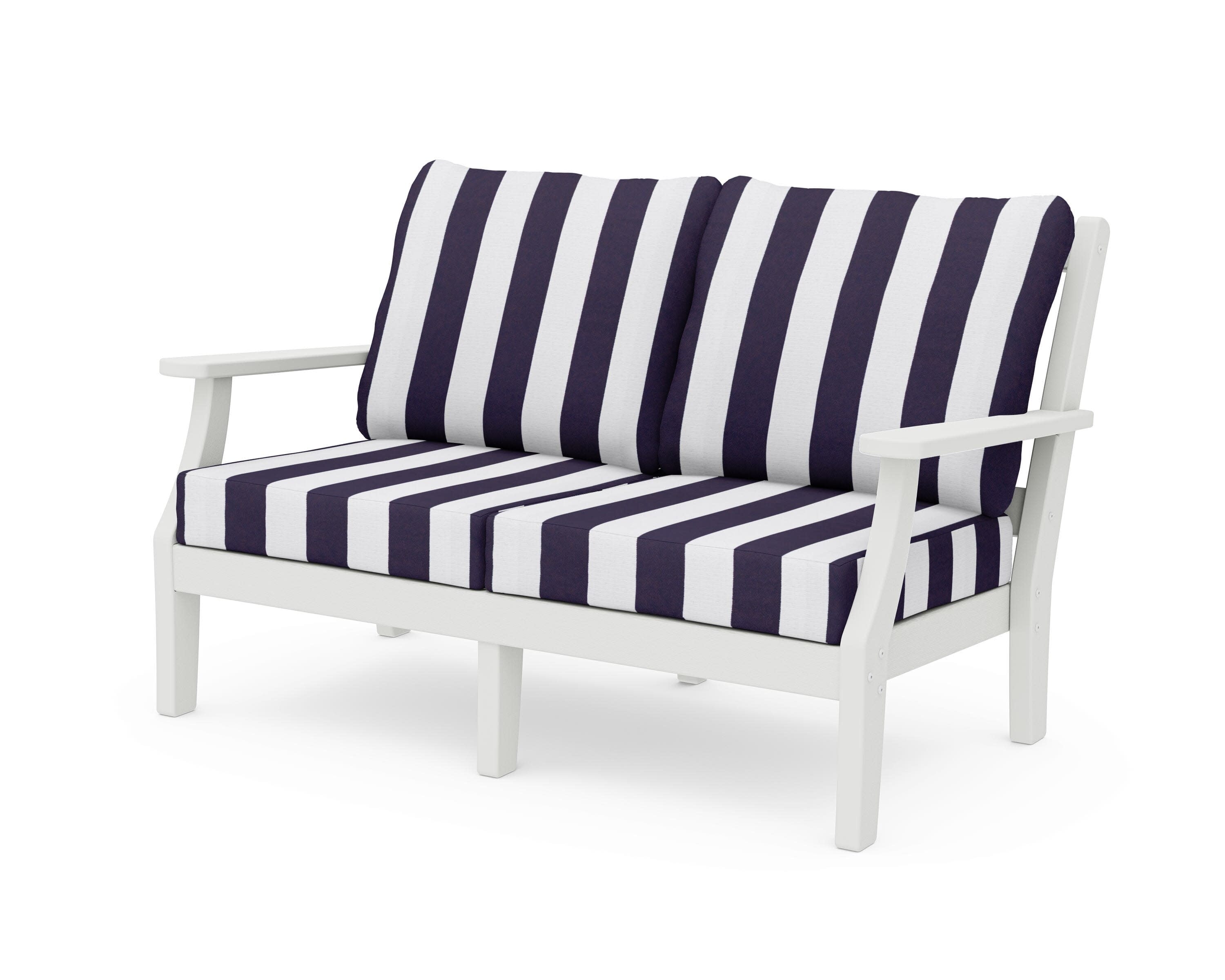 Chinoiserie Deep Seating Loveseat in Vintage White / Cabana Stripe Navy