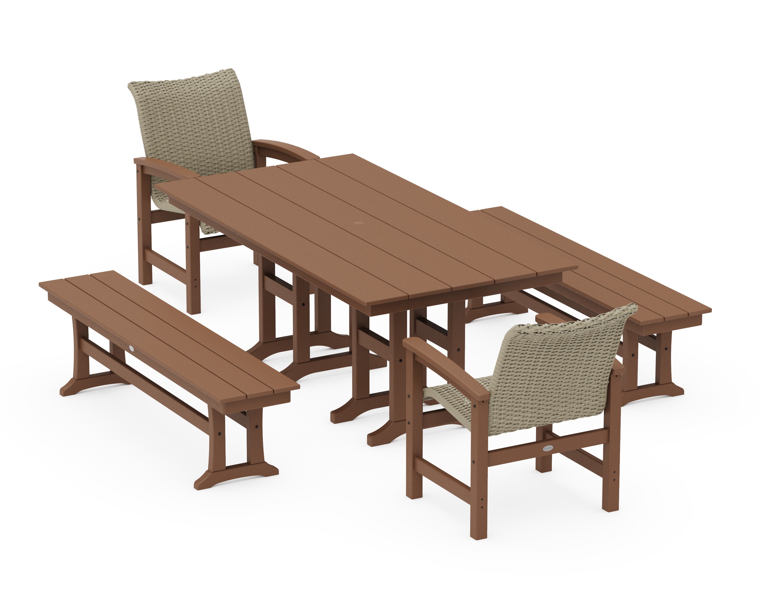 Coastal Woven 5-Piece Farmhouse Dining Set with Benches in Teak / Dune Grass